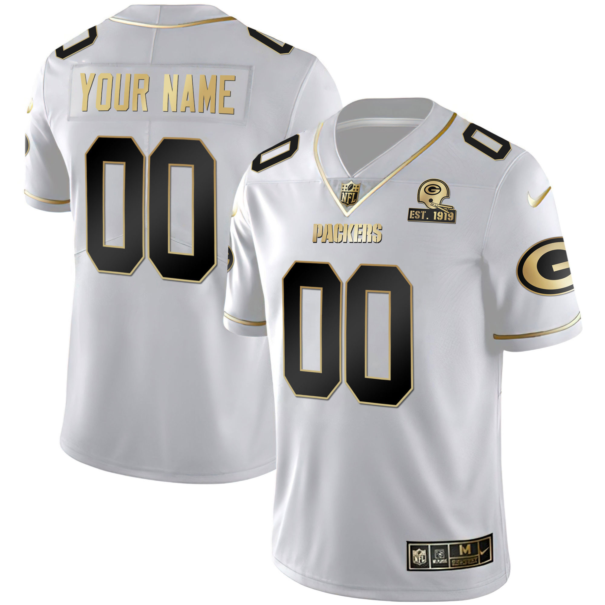 Men's Green Bay Packers Gold Est 1919 Patch Custom Name & Number White Gold Jersey - All Stitched