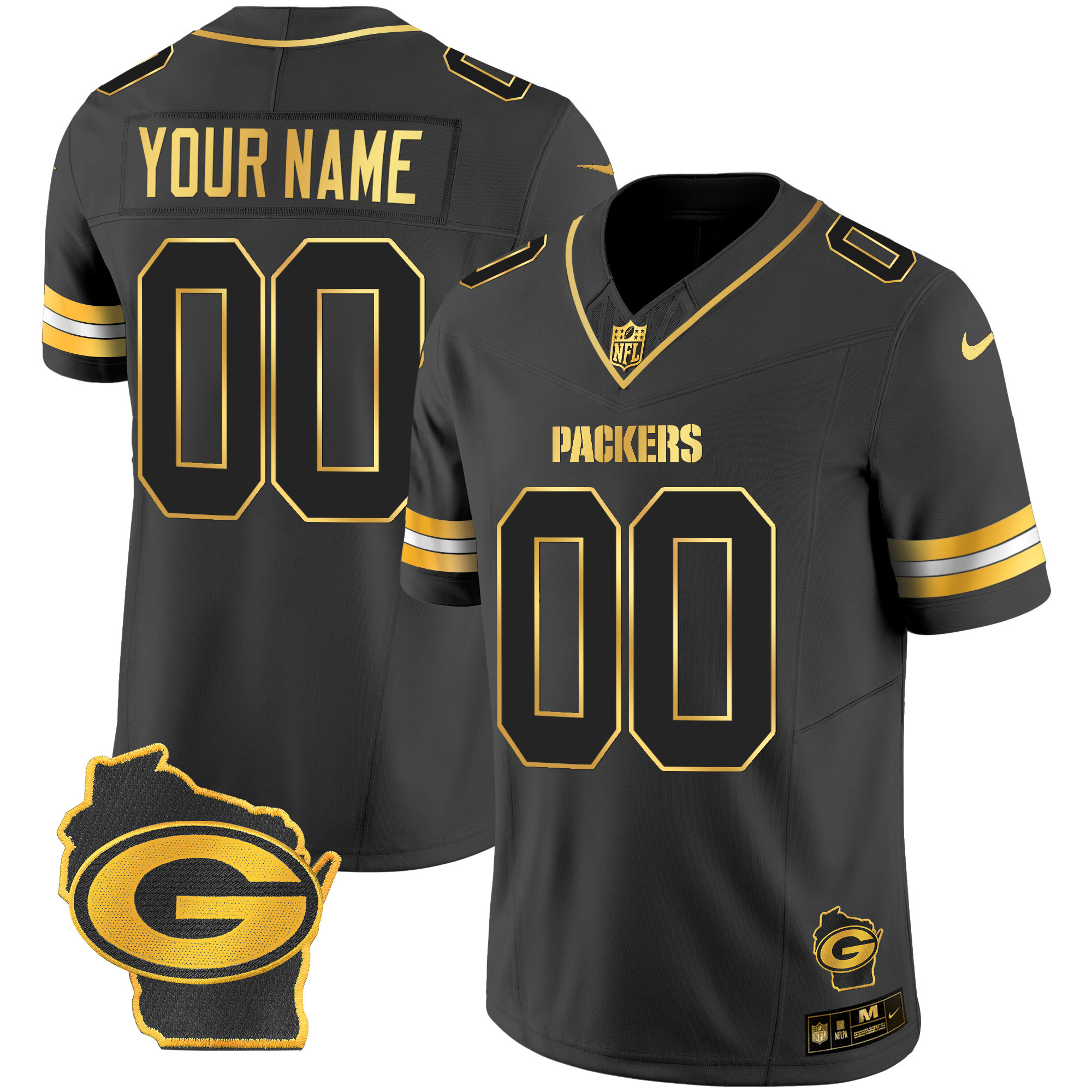 Men's Green Bay Packers Home Patch Gold Vapor Custom Black Gold Jersey - All Stitched