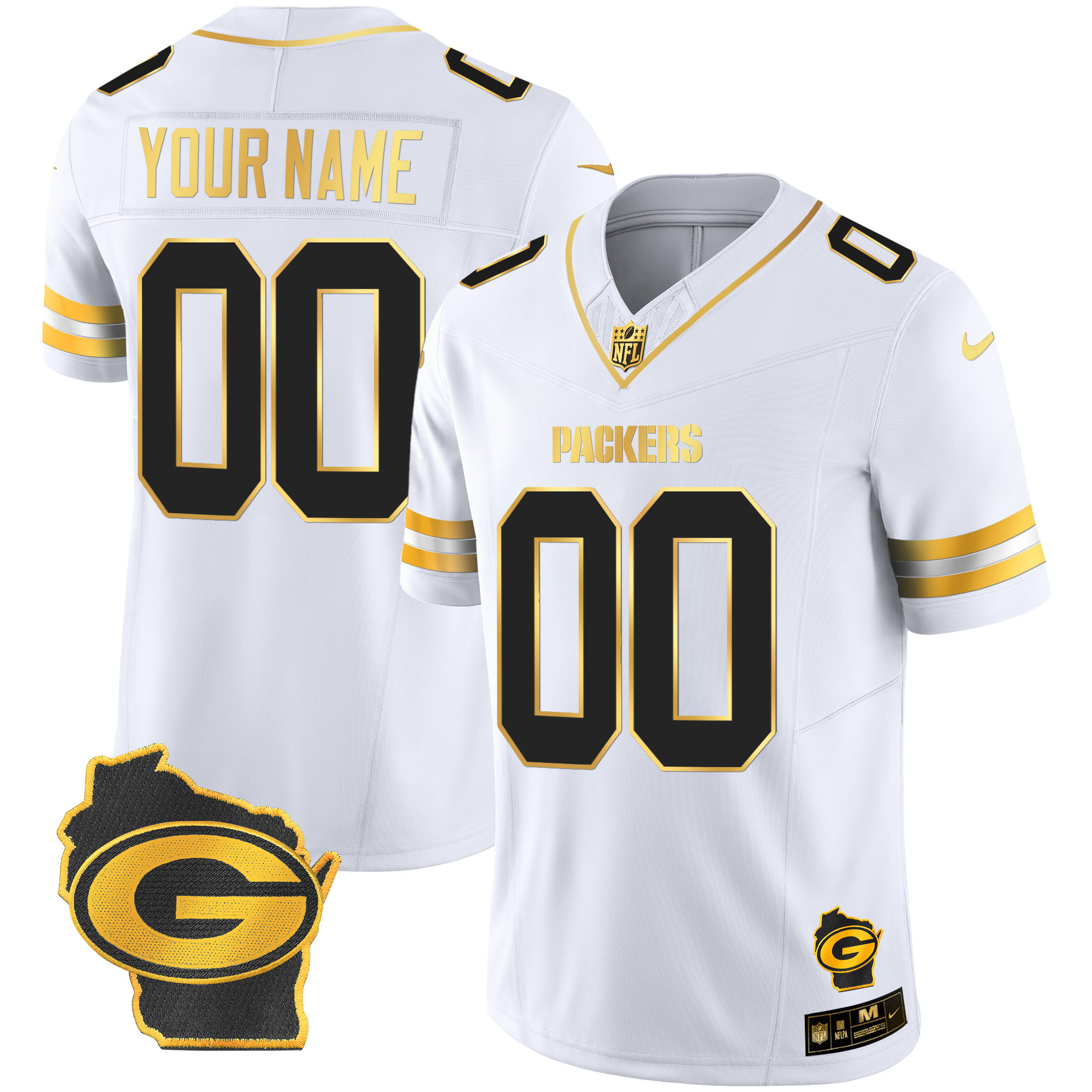 Men's Green Bay Packers Home Patch Gold Vapor Custom White Gold Jersey - All Stitched