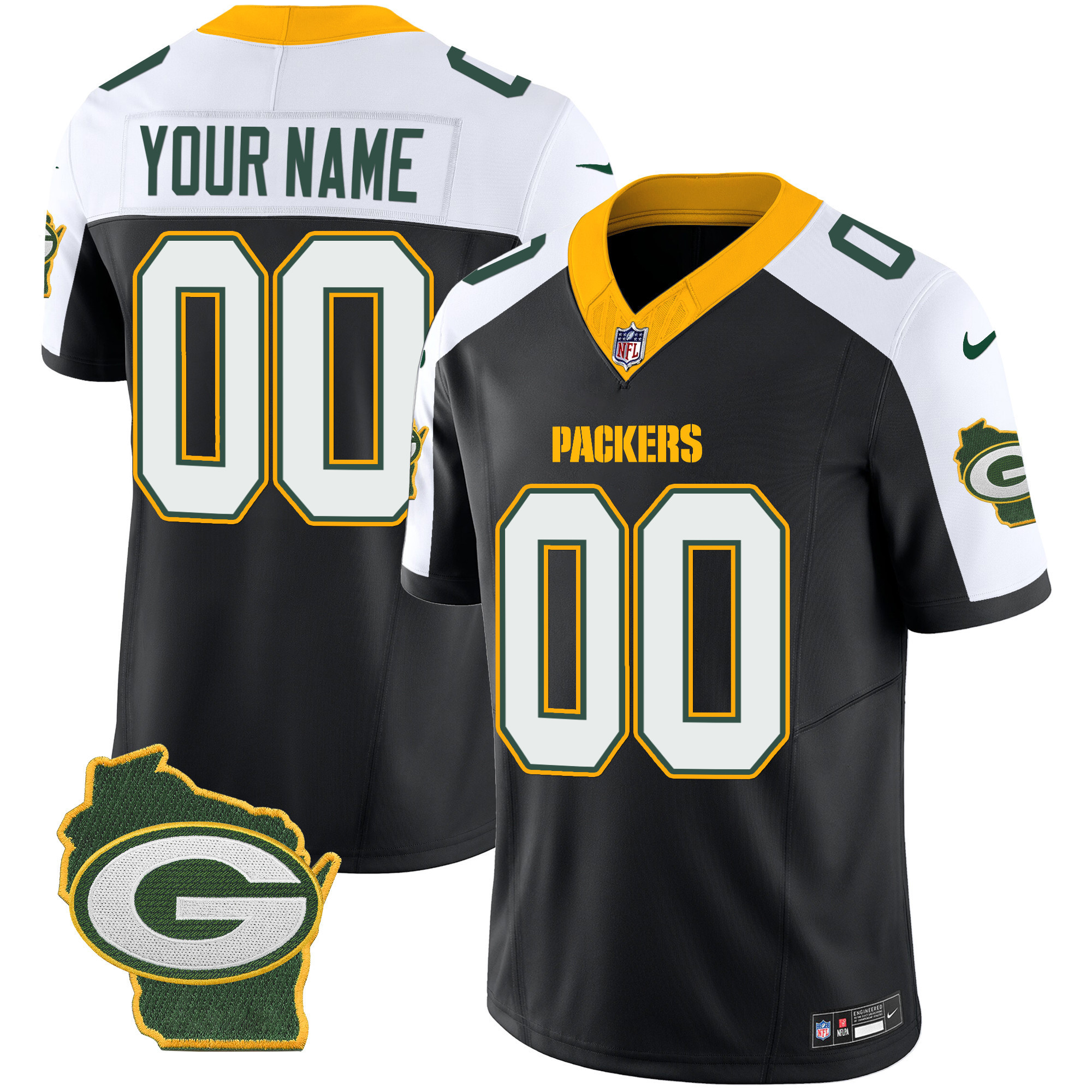 Men's Green Bay Packers Home Patch Vapor Custom Black Alternate Jersey - All Stitched