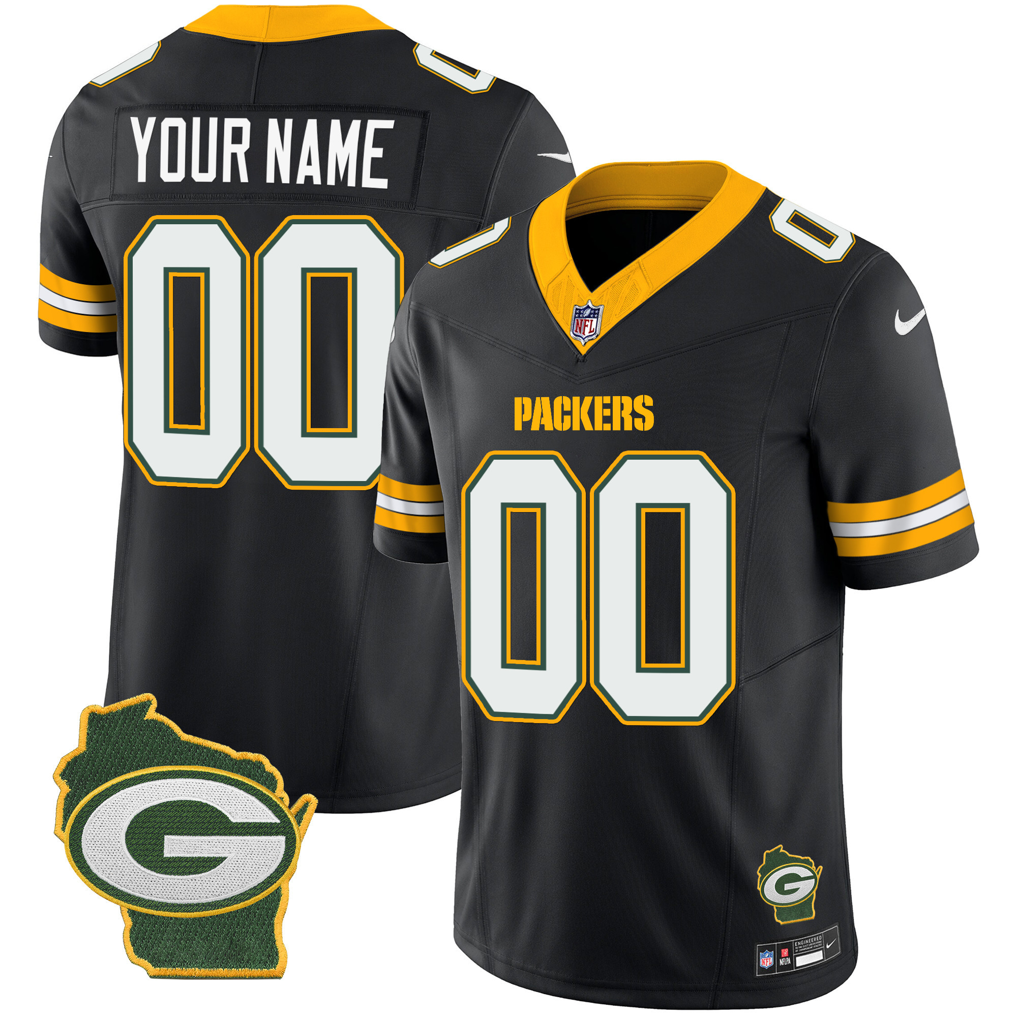 Men's Green Bay Packers Home Patch Vapor Custom Black Jersey - All Stitched