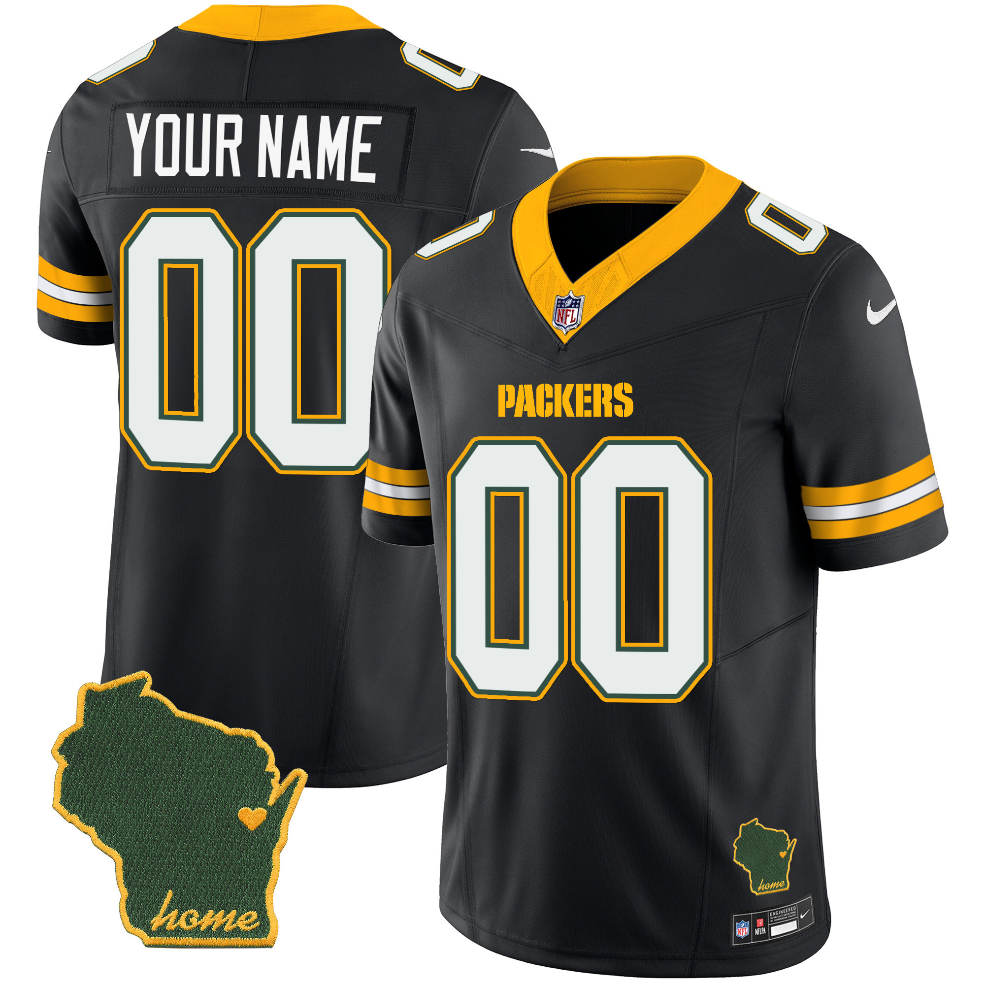 Men's Green Bay Packers Home Patch Vapor Custom Black Jersey - All Stitched