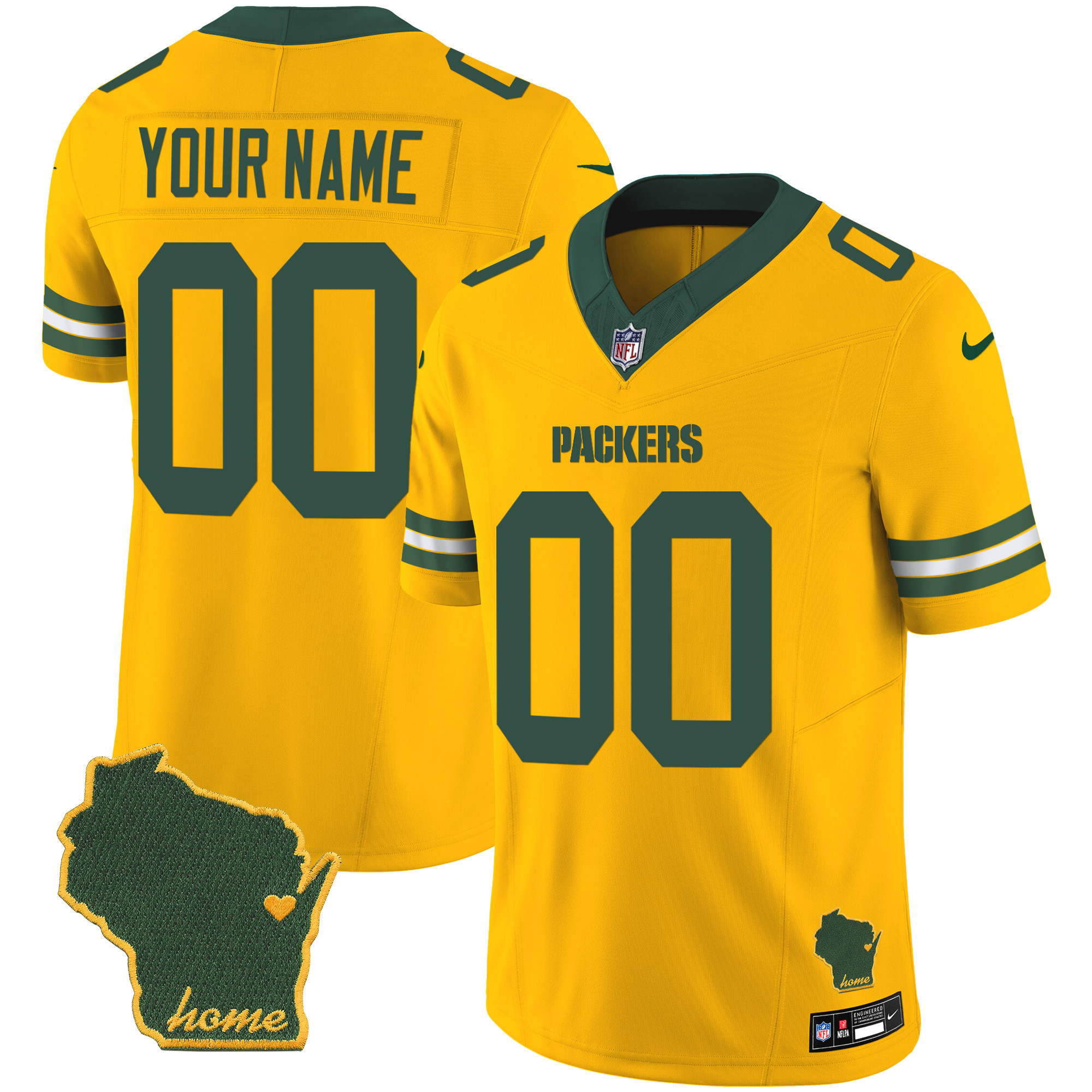 Men's Green Bay Packers Home Patch Vapor Custom Gold Jersey - All Stitched