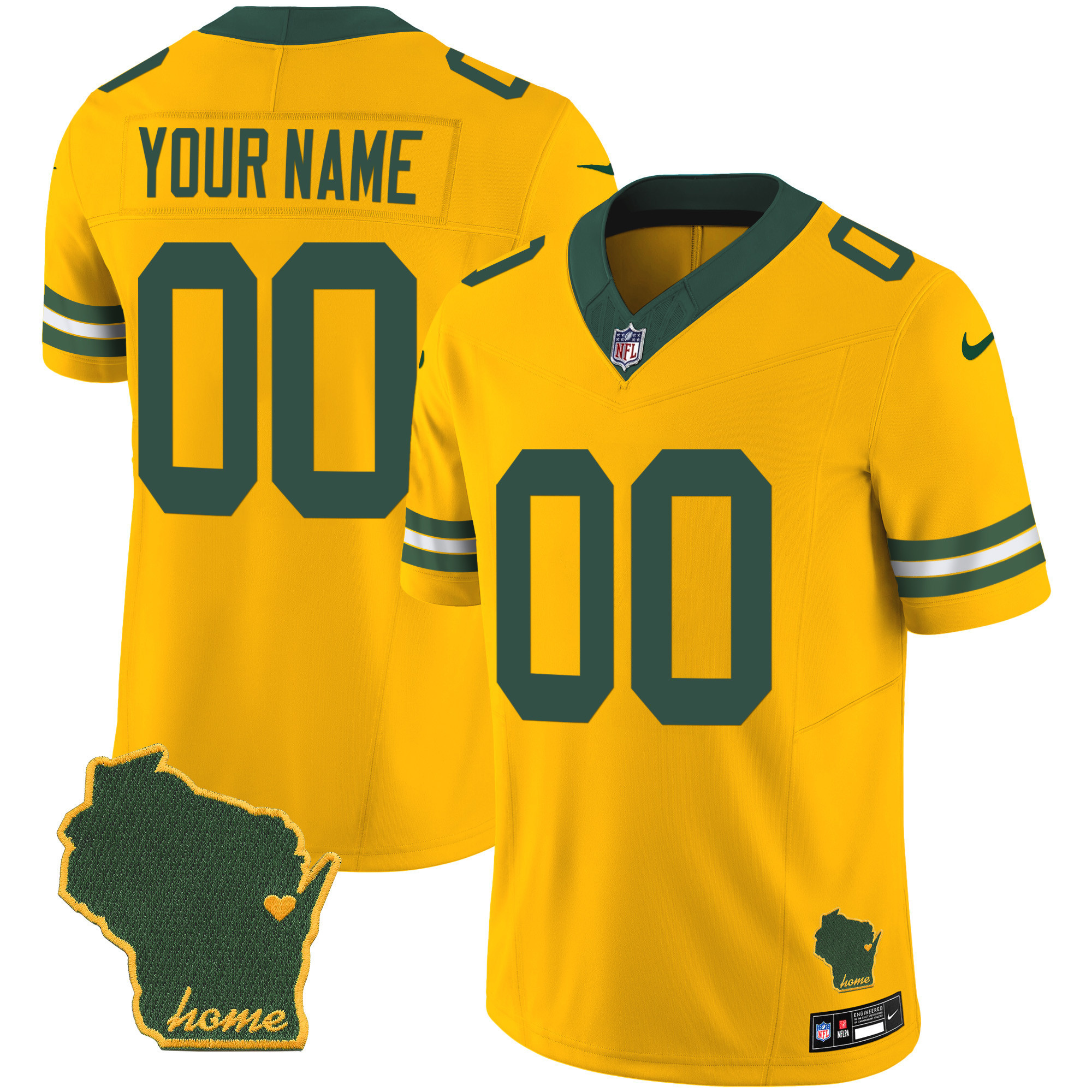 Men's Green Bay Packers Home Patch Vapor Custom Gold Jersey - All Stitched