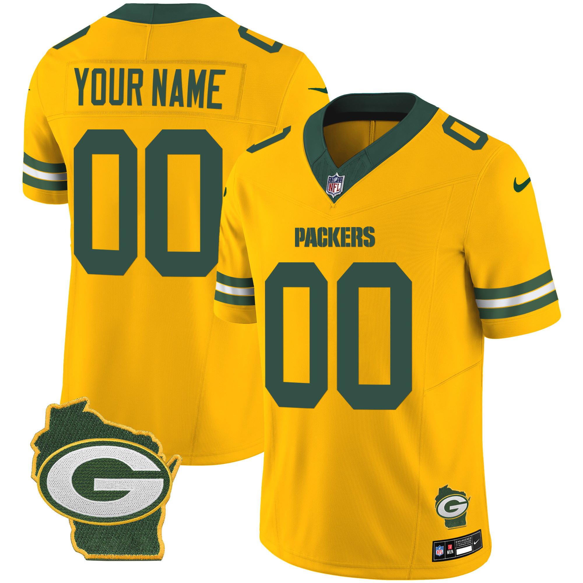 Men's Green Bay Packers Home Patch Vapor Custom Gold Jersey - All Stitched