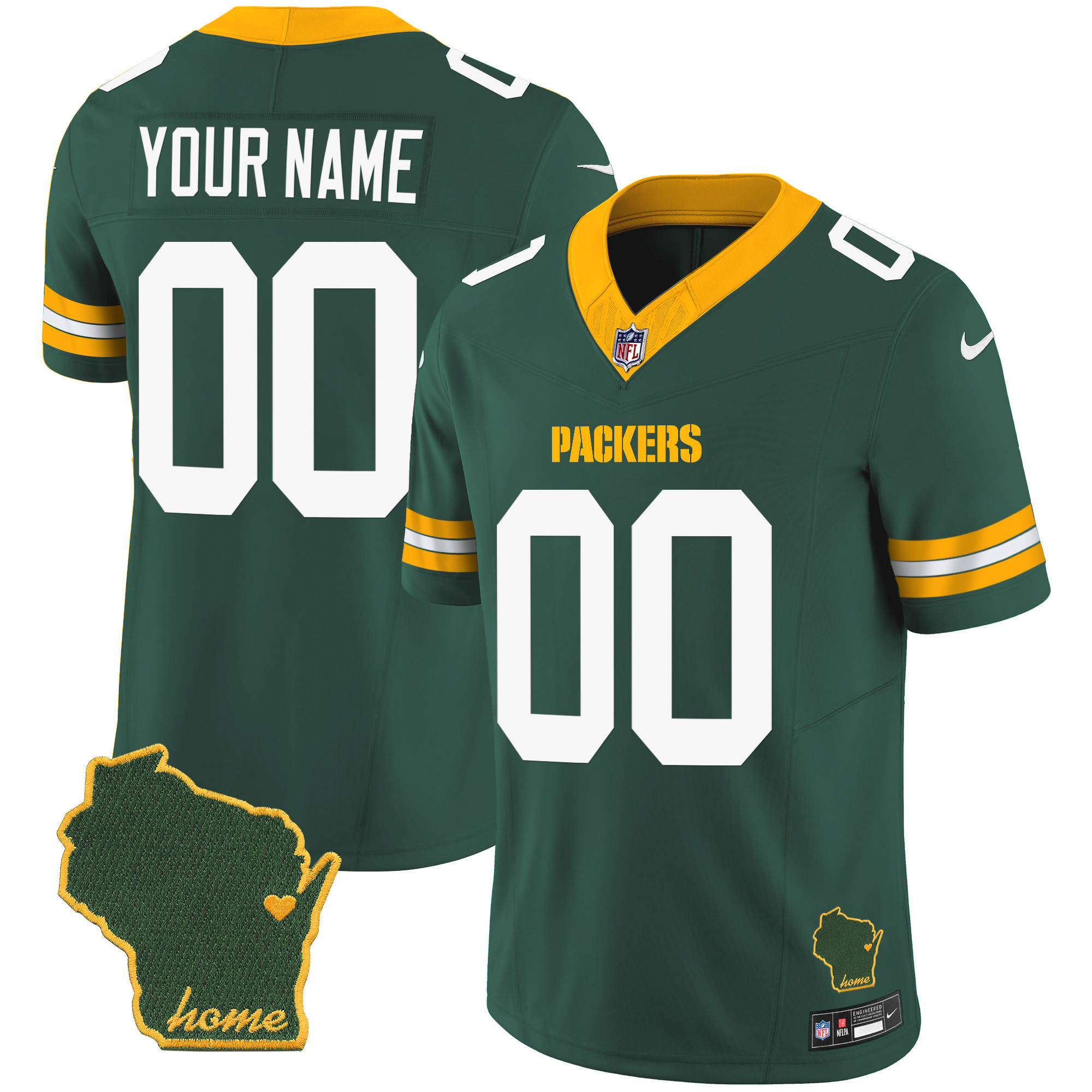 Men's Green Bay Packers Home Patch Vapor Custom Green Jersey - All Stitched