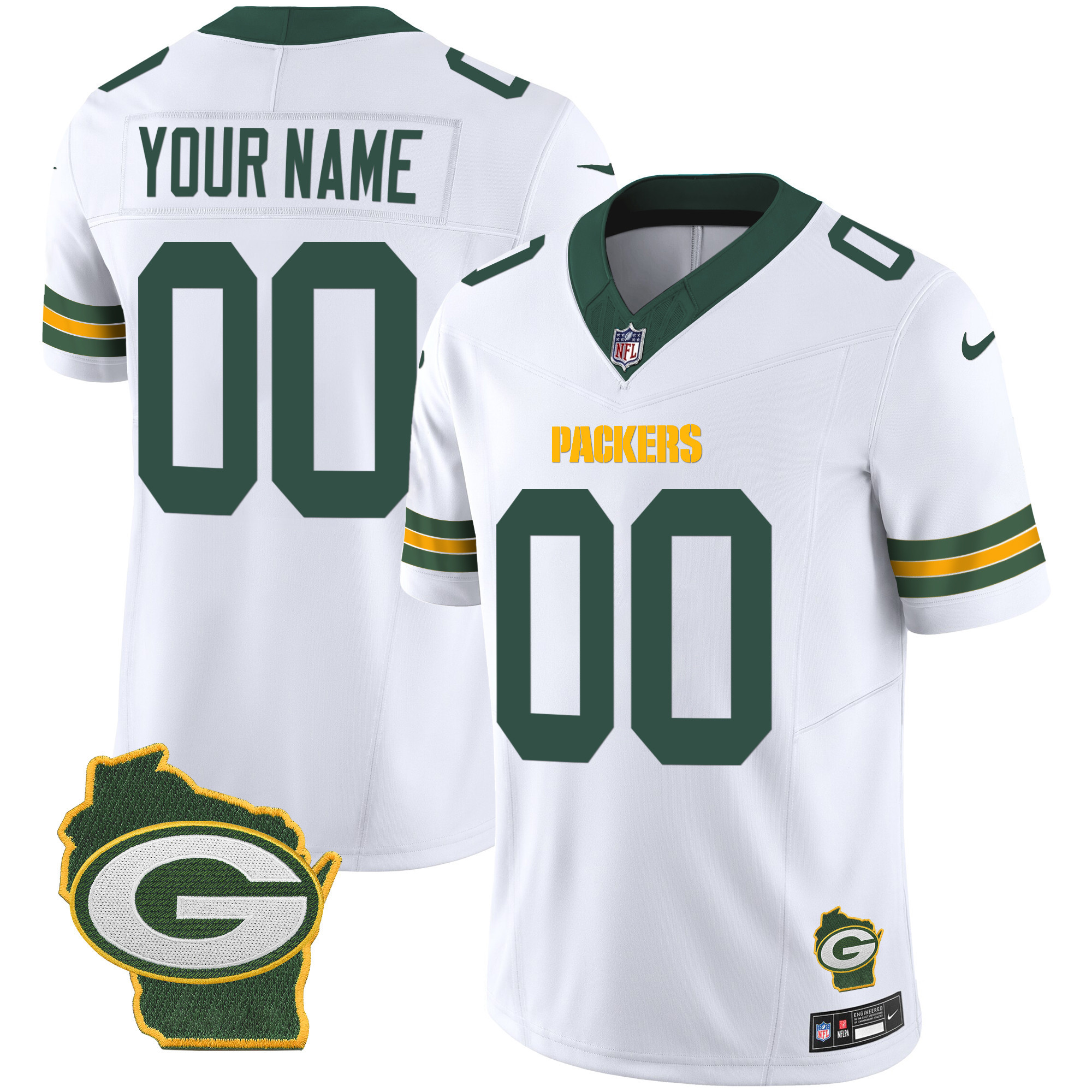 Men's Green Bay Packers Home Patch Vapor Custom White Jersey - All Stitched