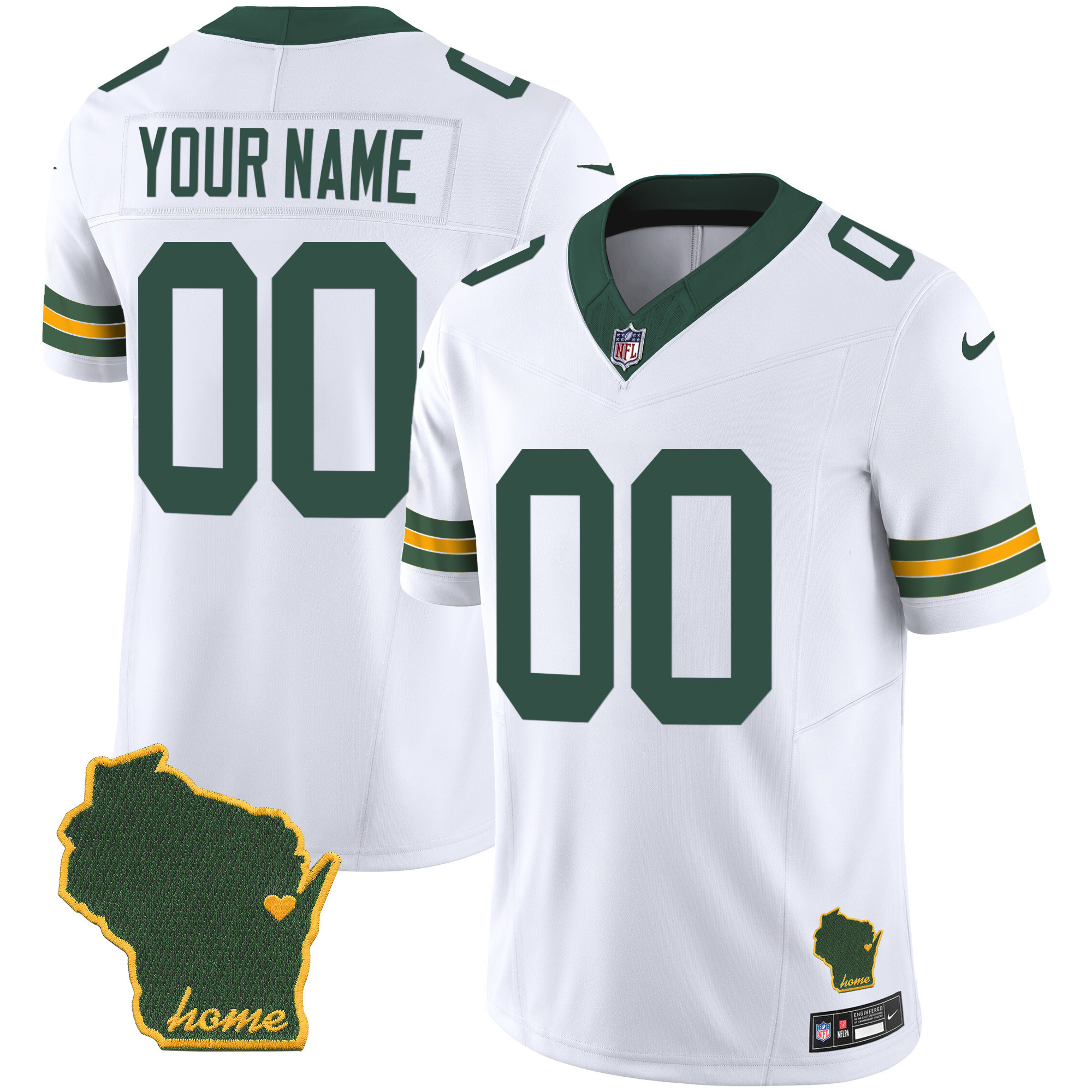 Men's Green Bay Packers Home Patch Vapor Custom White Jersey - All Stitched