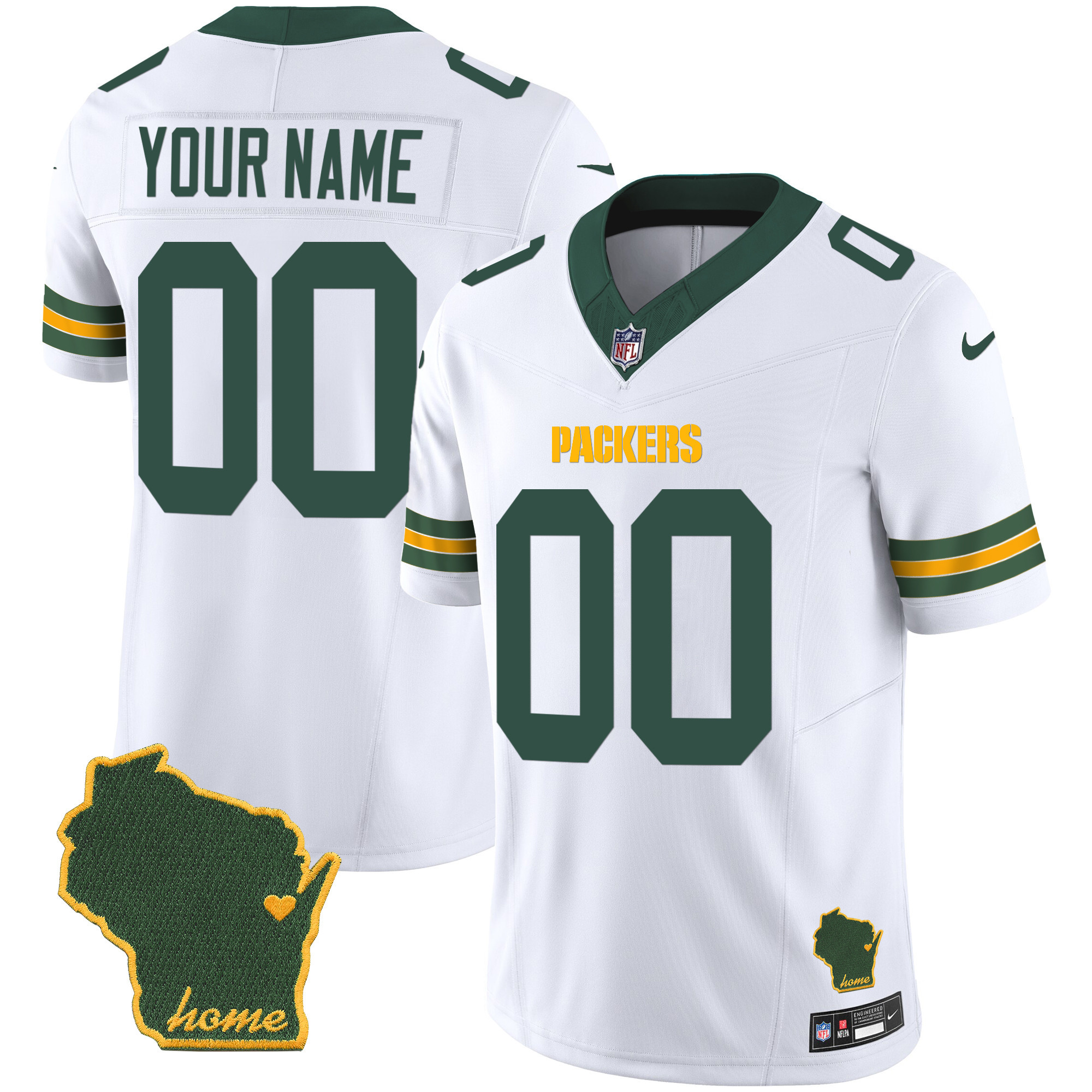 Men's Green Bay Packers Home Patch Vapor Custom White Jersey - All Stitched