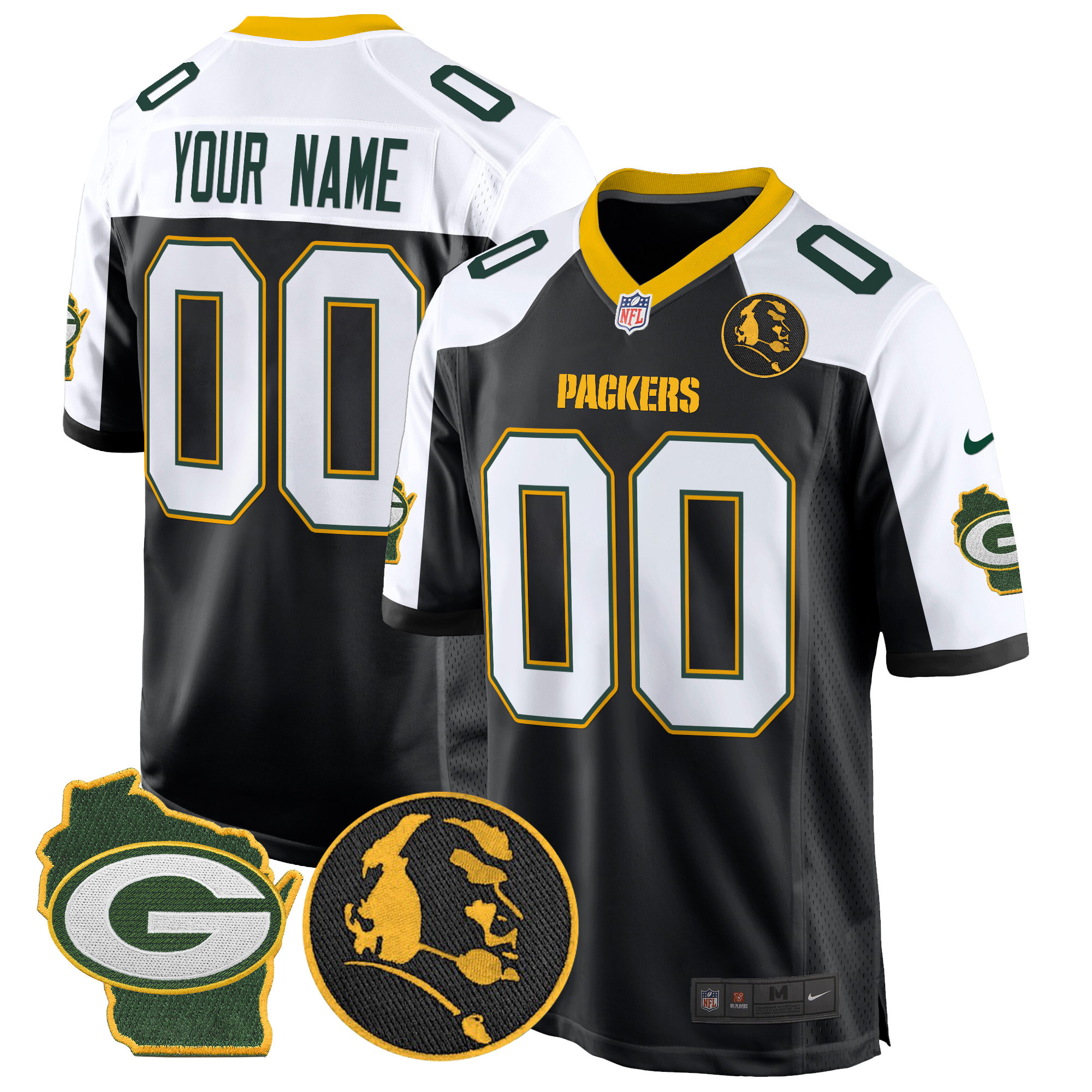 Men's Green Bay Packers John Madden & Home Patch Game Custom Black Alternate Jersey - All Stitched