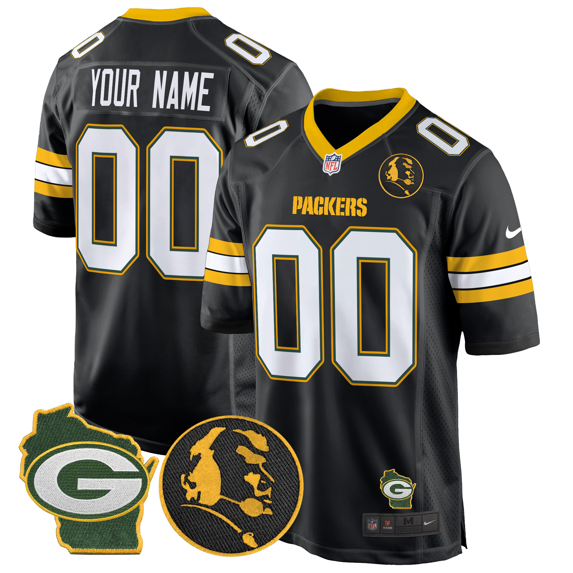 Men's Green Bay Packers John Madden & Home Patch Game Custom Black Jersey - All Stitched