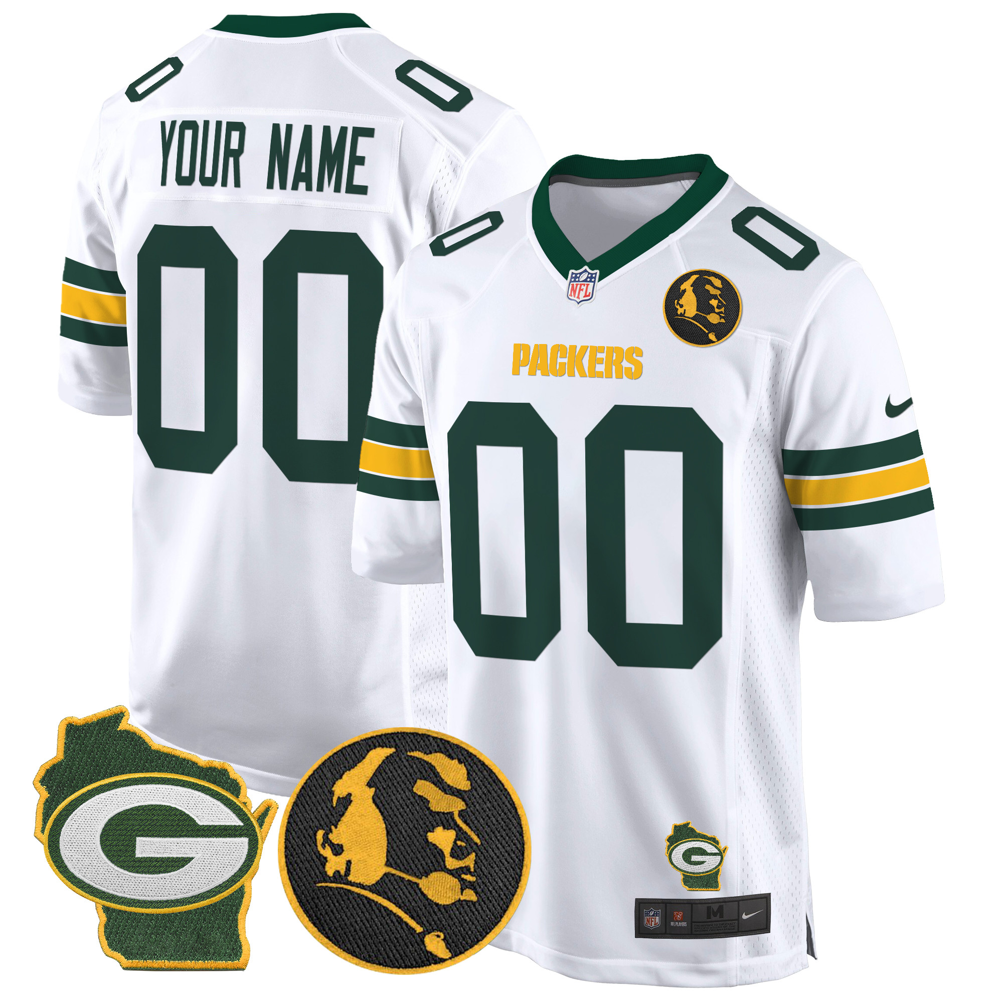 Men's Green Bay Packers John Madden & Home Patch Game Custom White Jersey - All Stitched