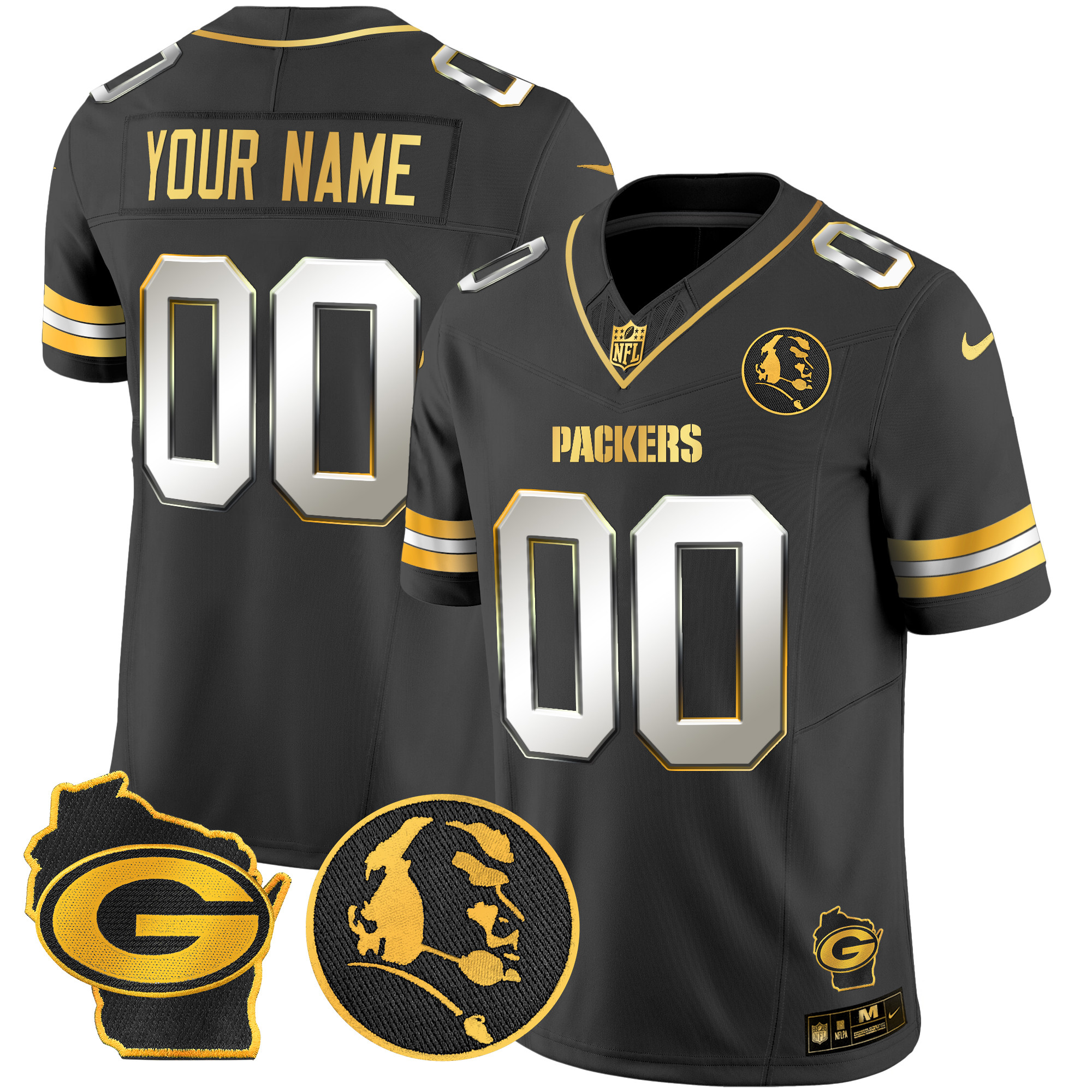 Men's Green Bay Packers John Madden & Home Patch Gold Vapor Limited Custom Black Limited Jersey - All Stitched