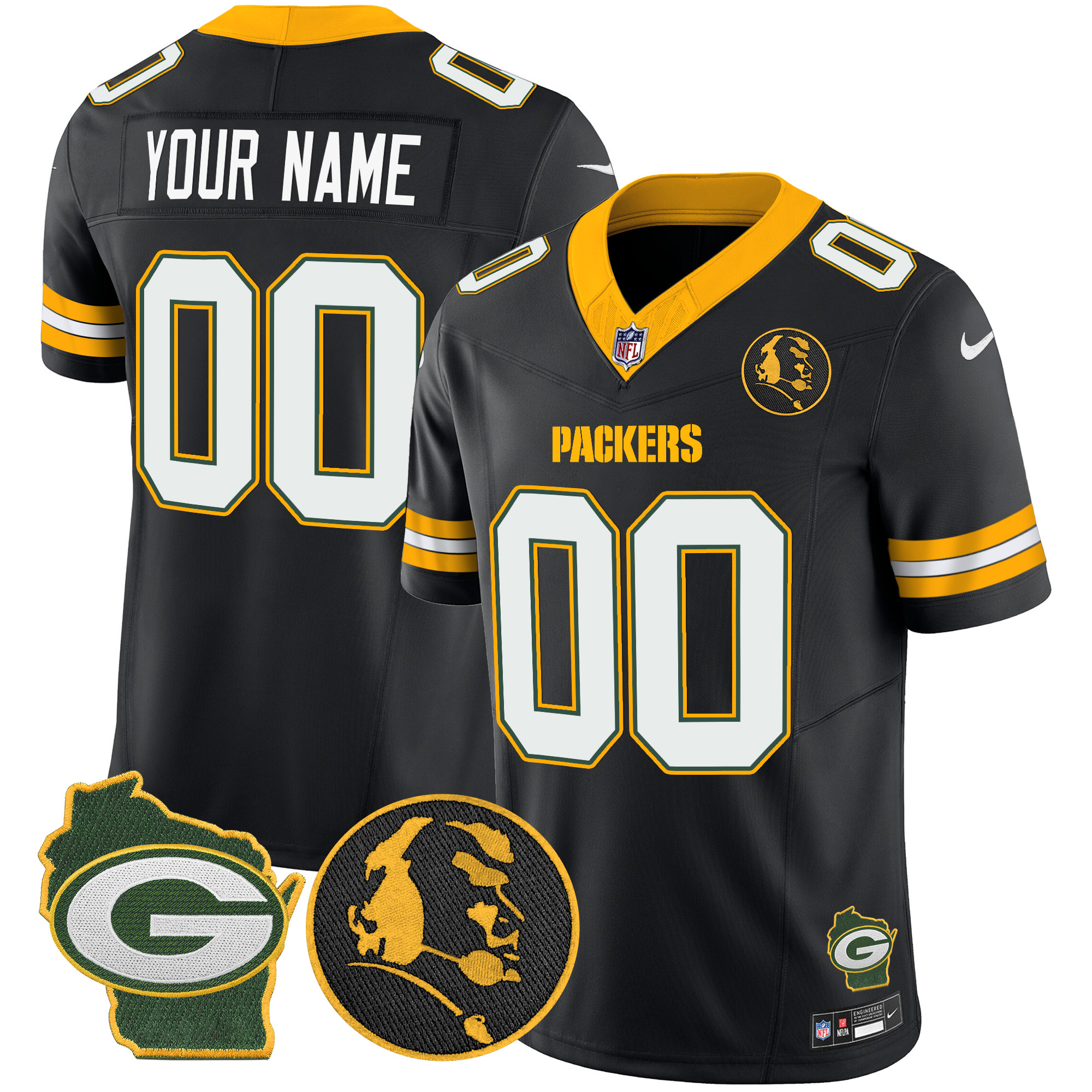 Men's Green Bay Packers John Madden & Home Patch Vapor Limited Custom Black Jersey - All Stitched