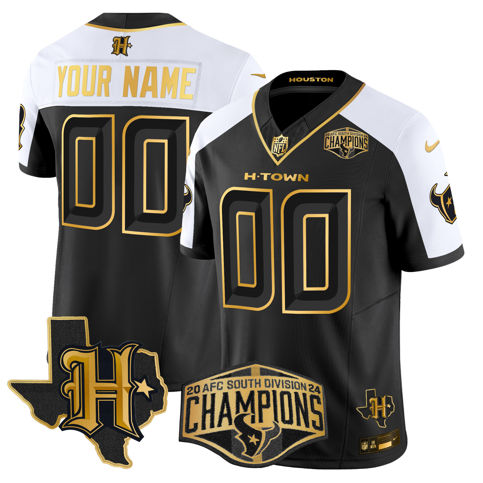 Men's Houston Texans 2024 AFC South Division Champions Patch Gold Vapor Limited Custom Alternate Jersey - All Stitched