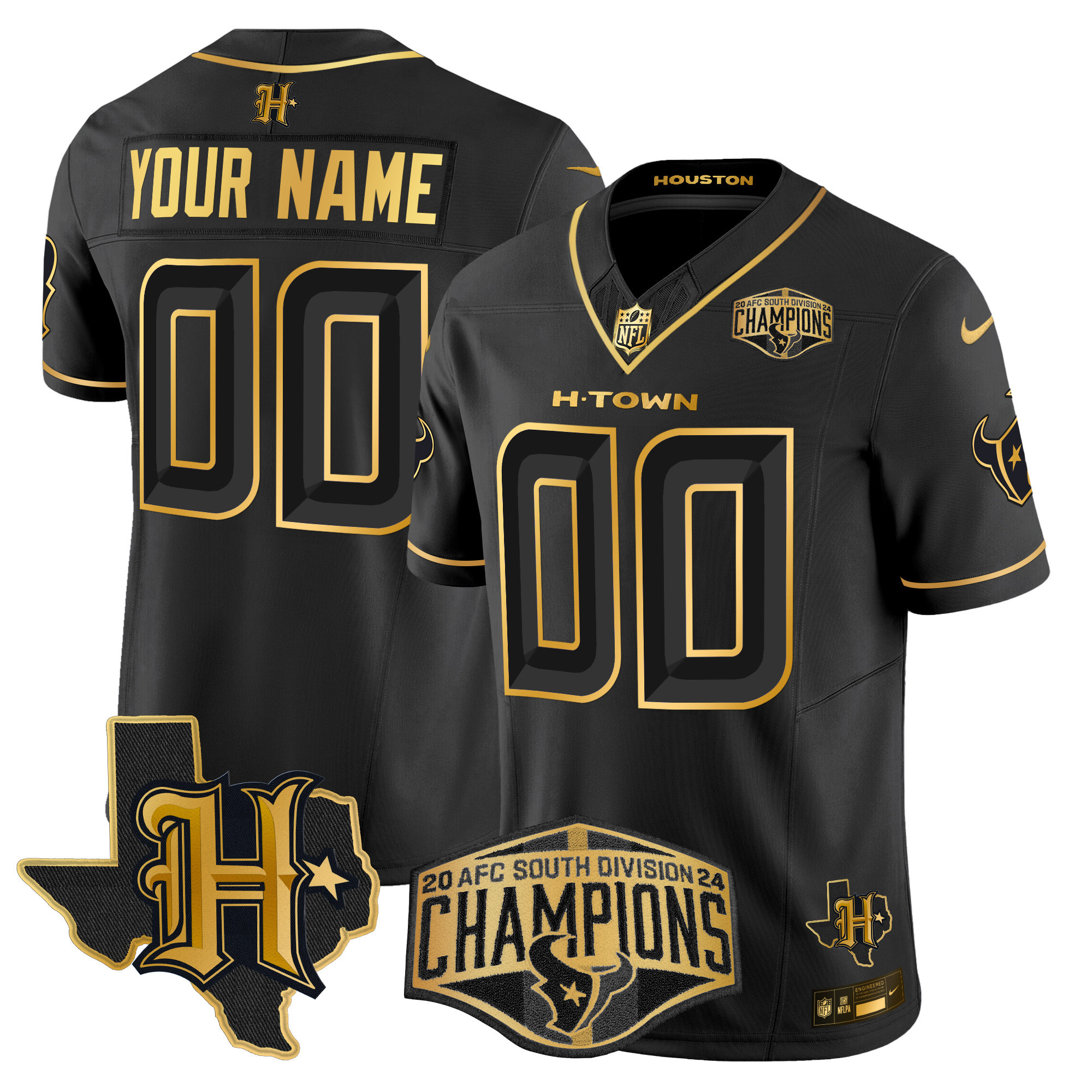 Men's Houston Texans 2024 AFC South Division Champions Patch Gold Vapor Limited Custom Black Gold Jersey - All Stitched