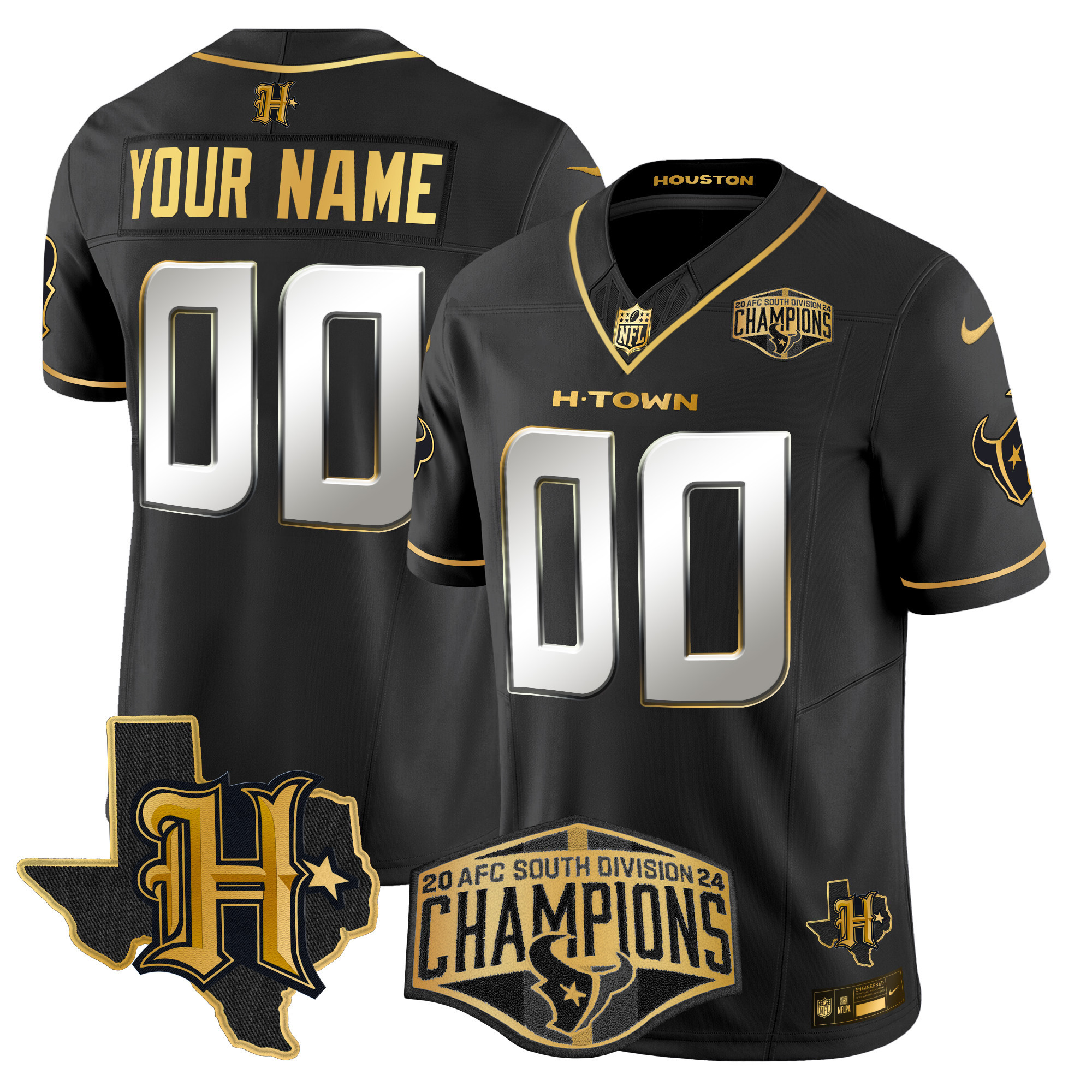 Men's Houston Texans 2024 AFC South Division Champions Patch Gold Vapor Limited Custom Black Limited Jersey - All Stitched