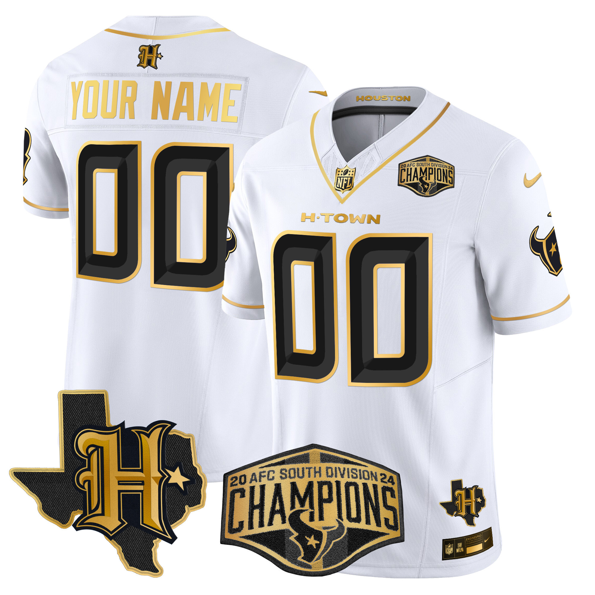 Men's Houston Texans 2024 AFC South Division Champions Patch Gold Vapor Limited Custom White Gold Jersey - All Stitched