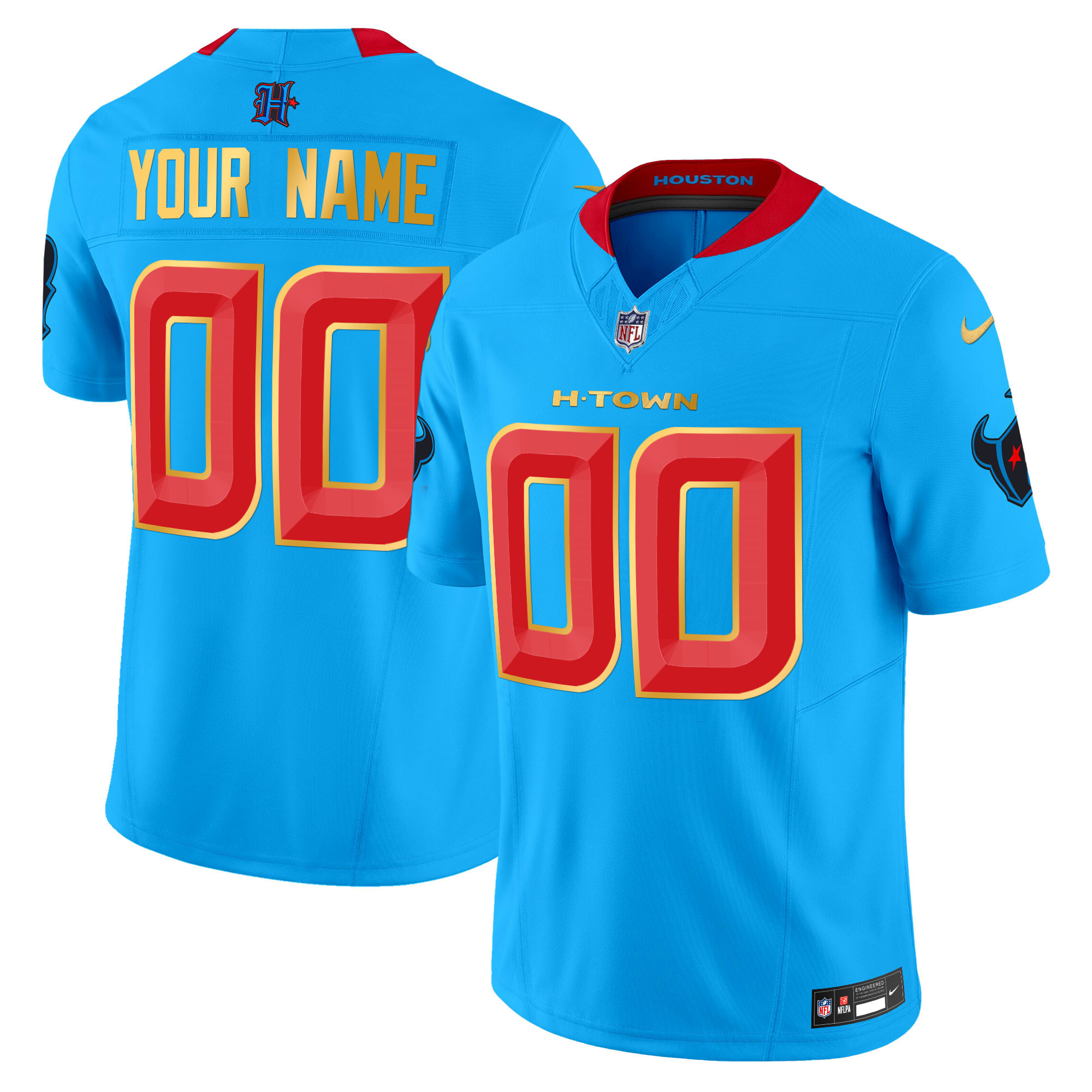 Men's Houston Texans 2024 Gold Trim Vapor Limited Custom Blue Jersey - All Stitched