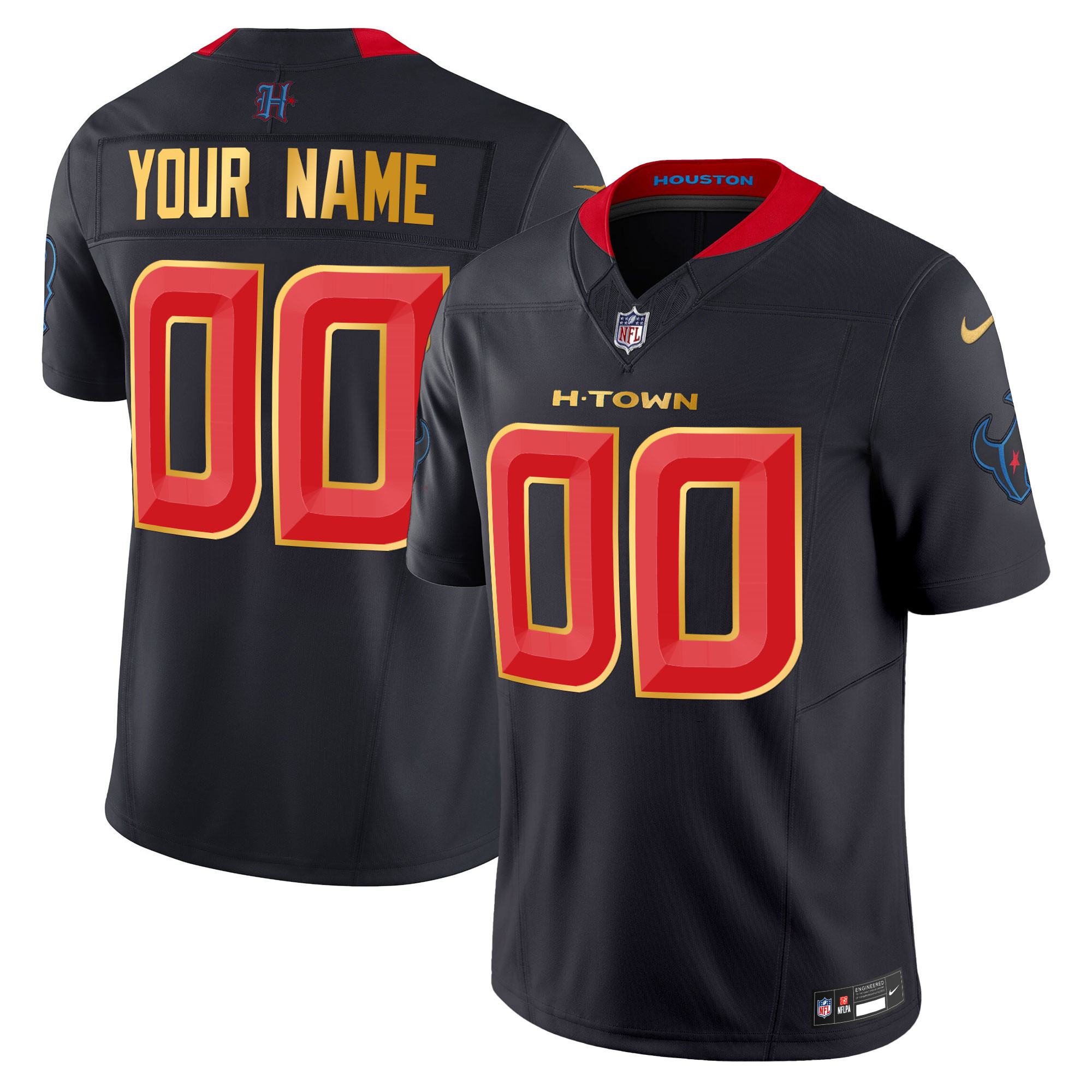 Men's Houston Texans 2024 Gold Trim Vapor Limited Custom Navy Limited Jersey - All Stitched