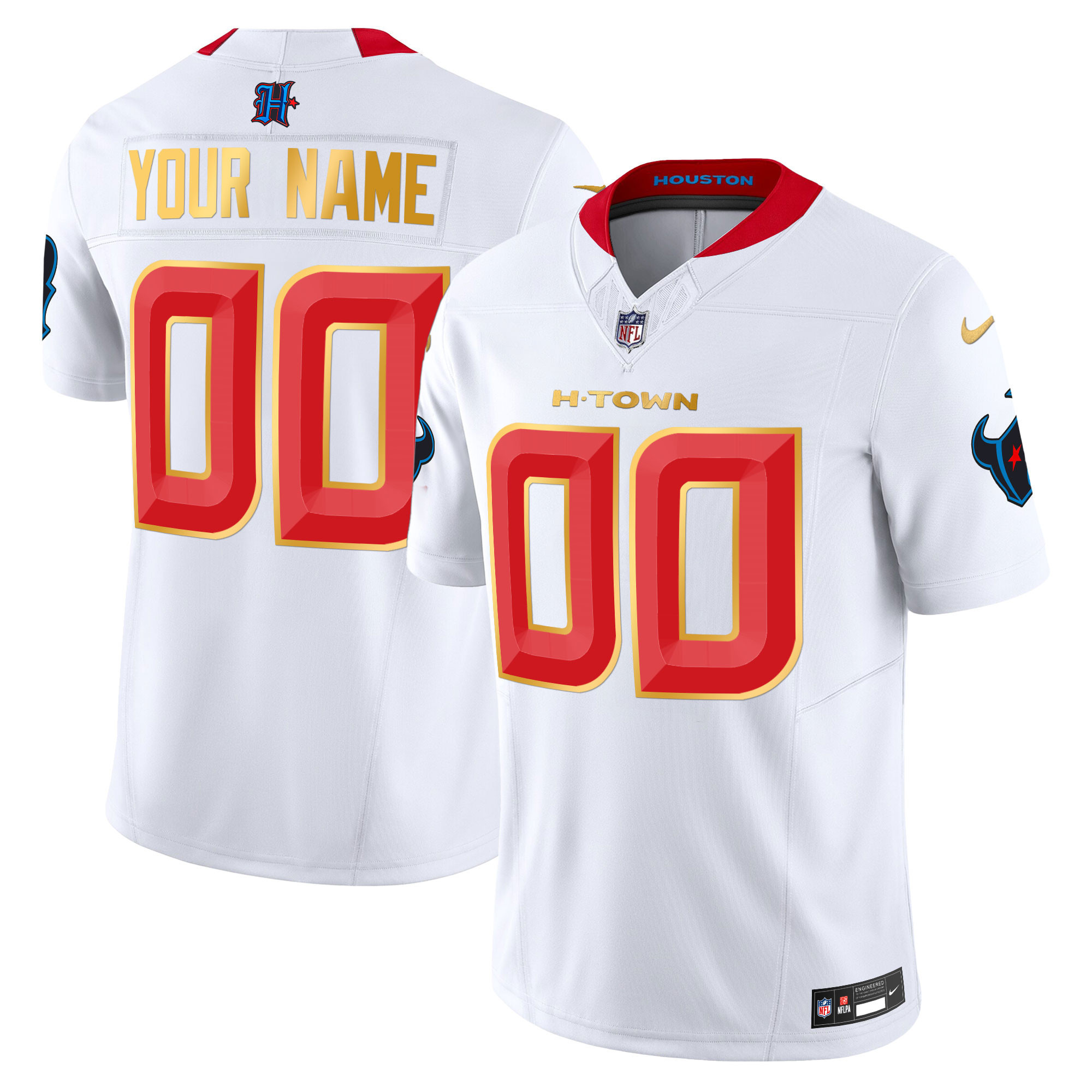 Men's Houston Texans 2024 Gold Trim Vapor Limited Custom White Jersey - All Stitched