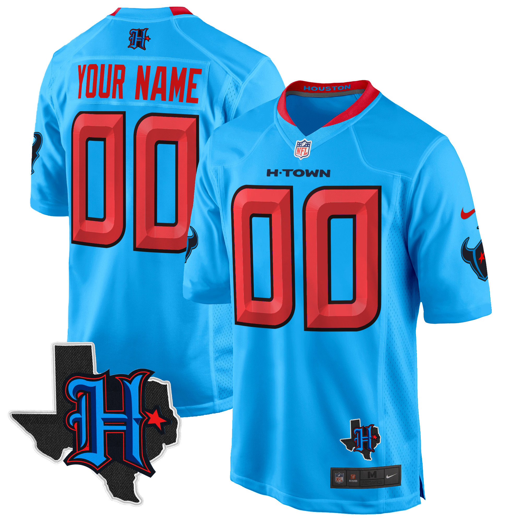 Men's Houston Texans 2024 Texas Patch Game Custom Blue Jersey - All Stitched