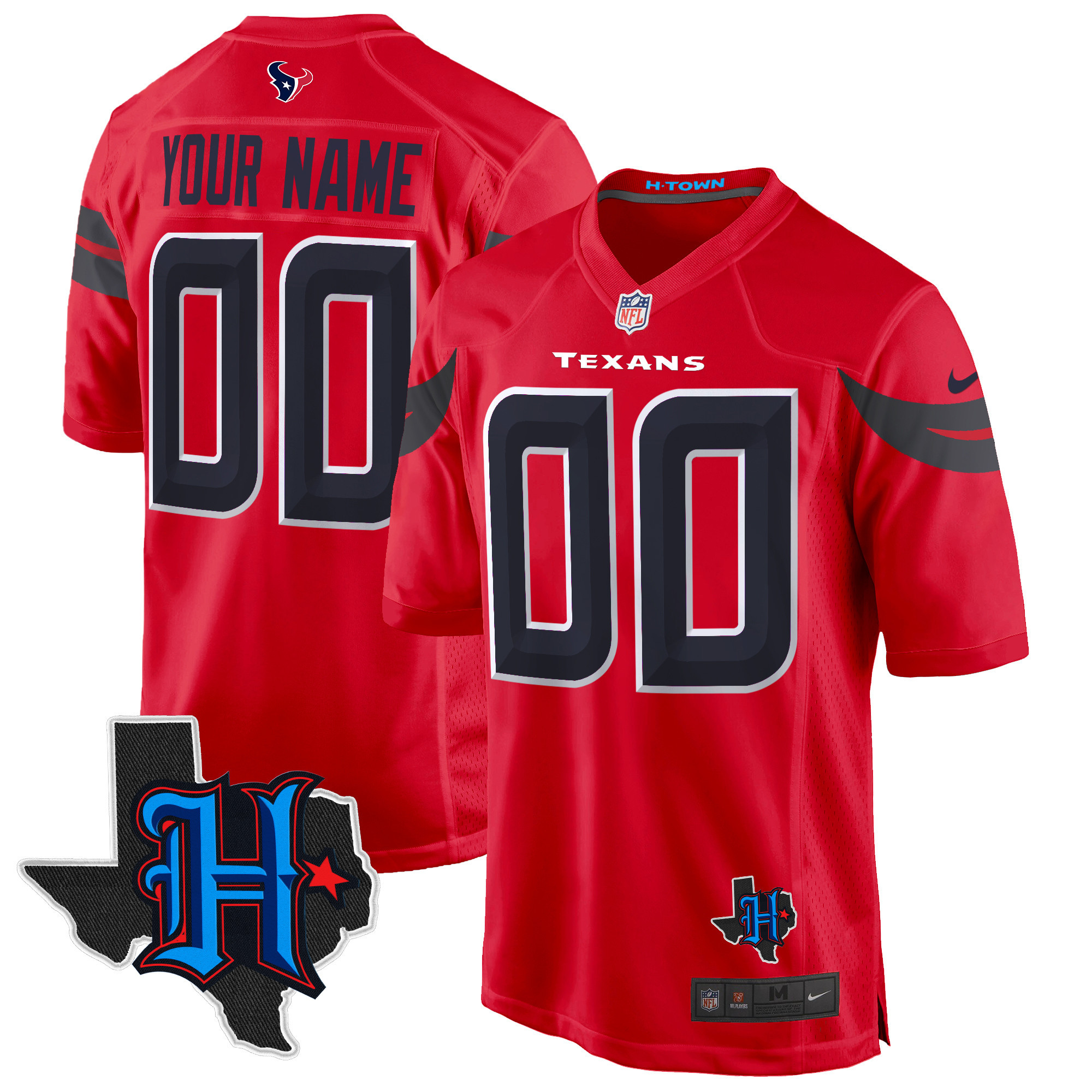 Men's Houston Texans 2024 Texas Patch Game Custom Red Jersey - All Stitched