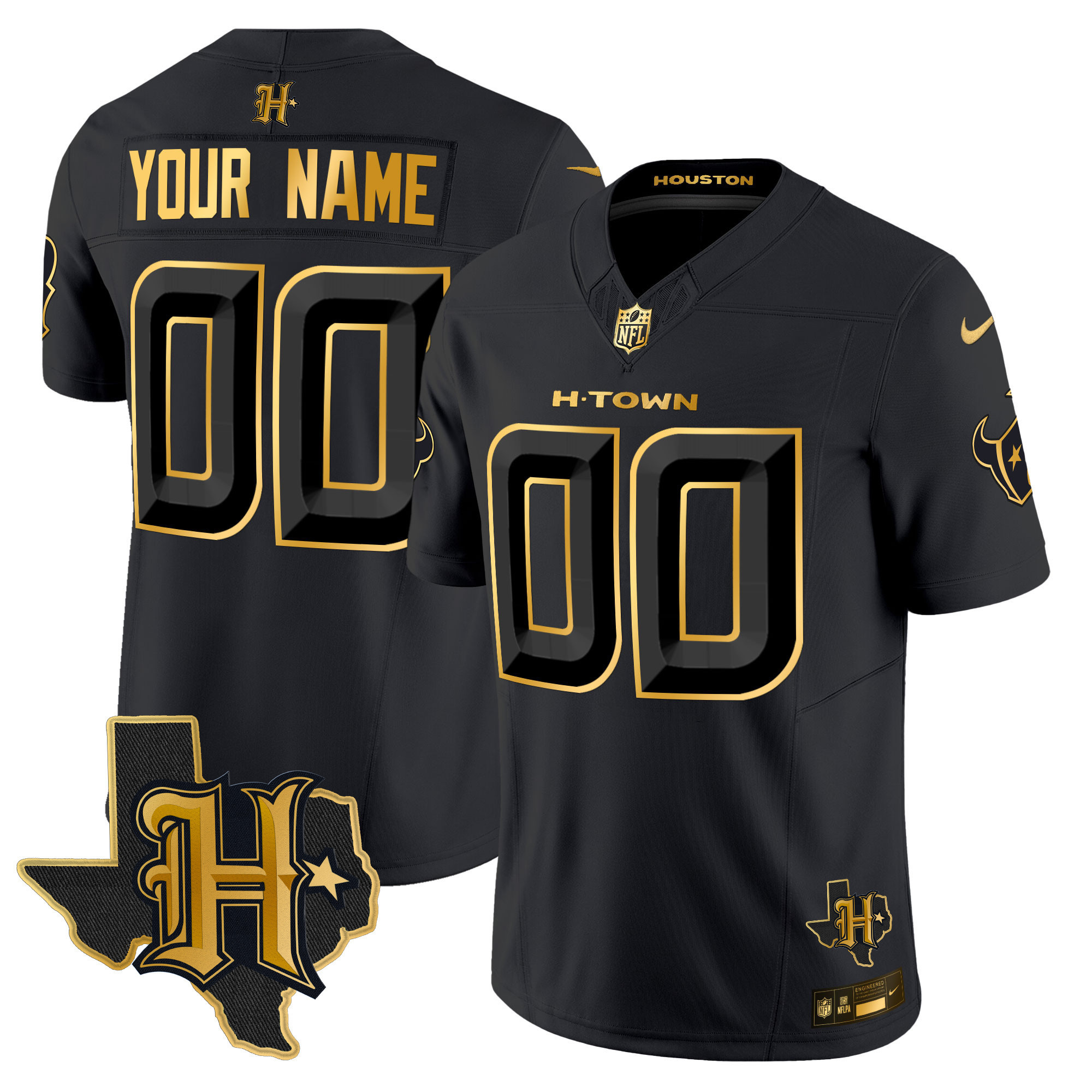 Men's Houston Texans 2024 Texas Patch Gold Vapor Limited Custom Black Gold Jersey - All Stitched