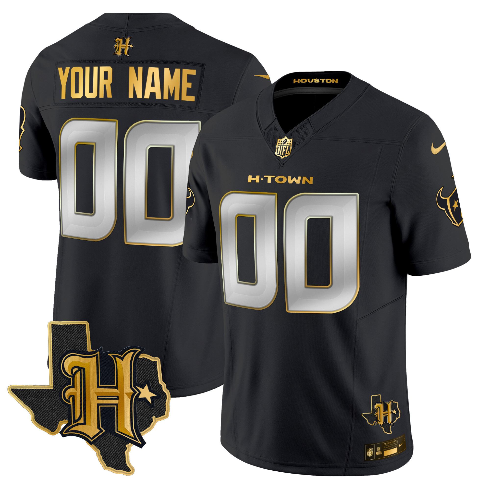 Men's Houston Texans 2024 Texas Patch Gold Vapor Limited Custom Black Limited Jersey - All Stitched