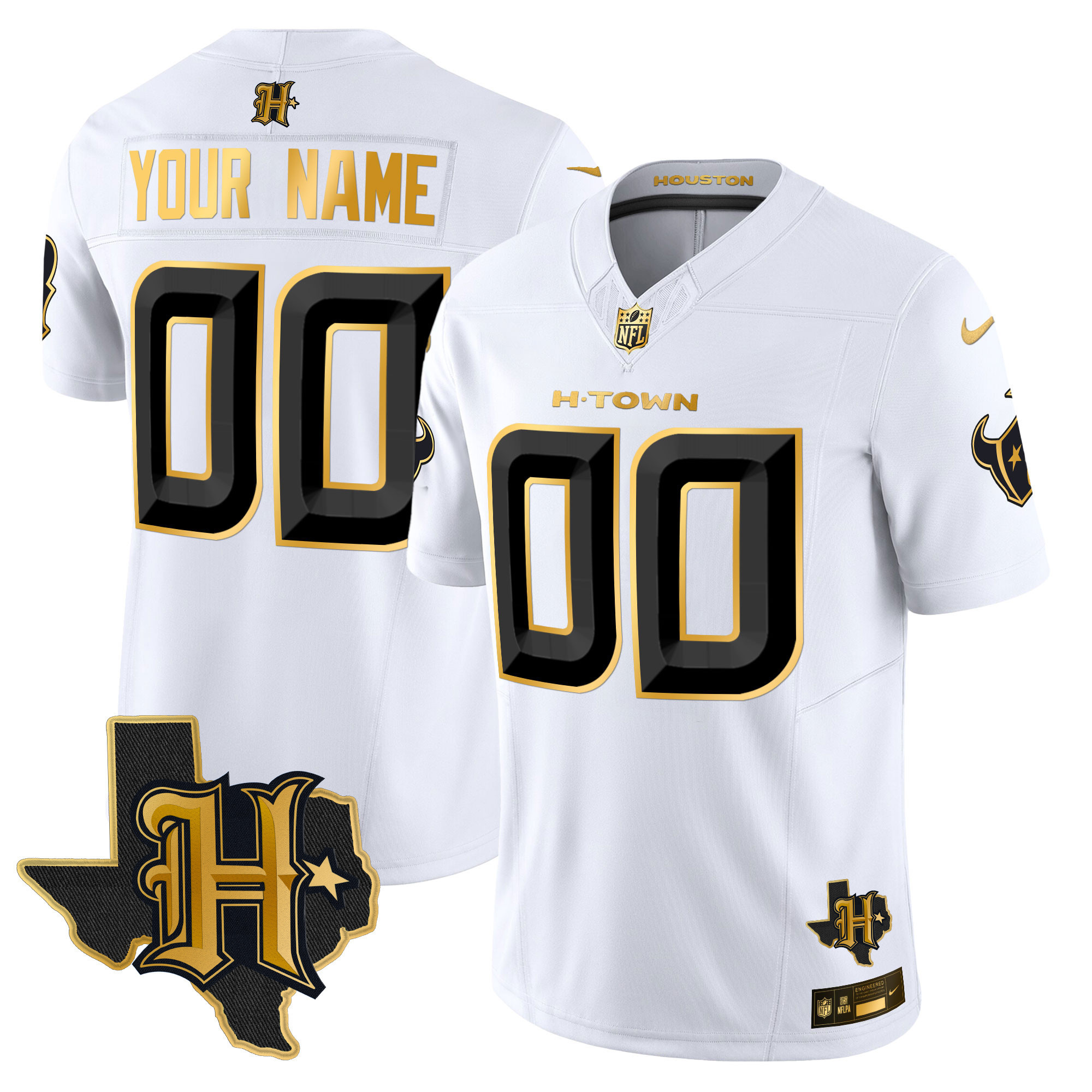 Men's Houston Texans 2024 Texas Patch Gold Vapor Limited Custom White Gold Jersey - All Stitched