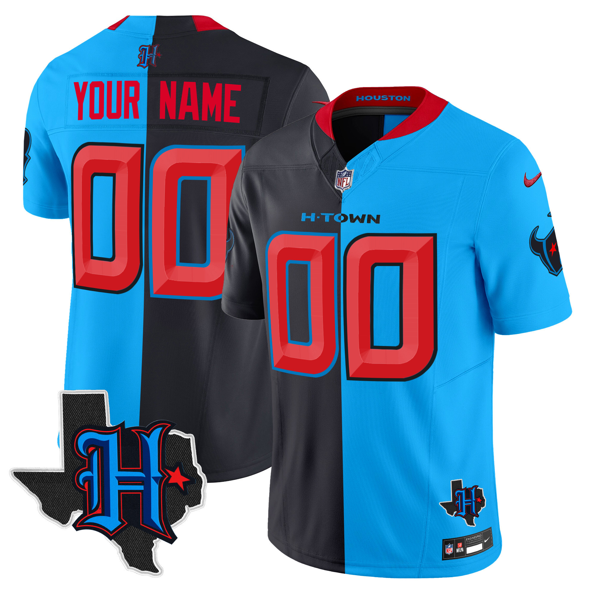 Men's Houston Texans 2024 Texas Patch Vapor Limited Custom Split Jersey - All Stitched