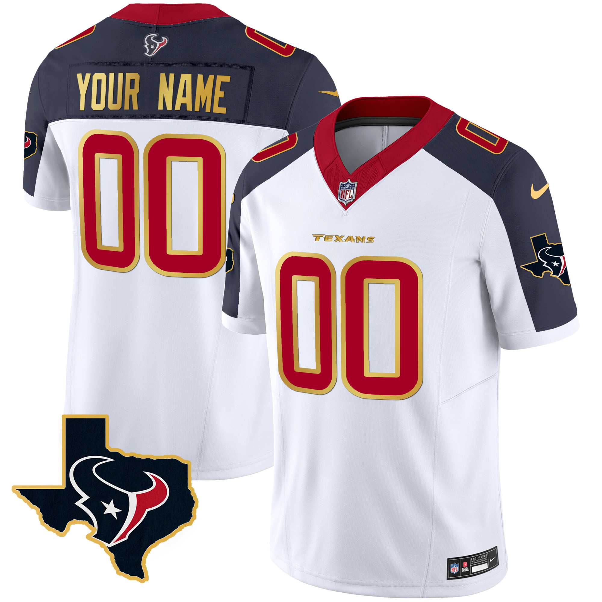 Men's Houston Texans Gold Trim Vapor Custom Inverted Jersey - All Stitched