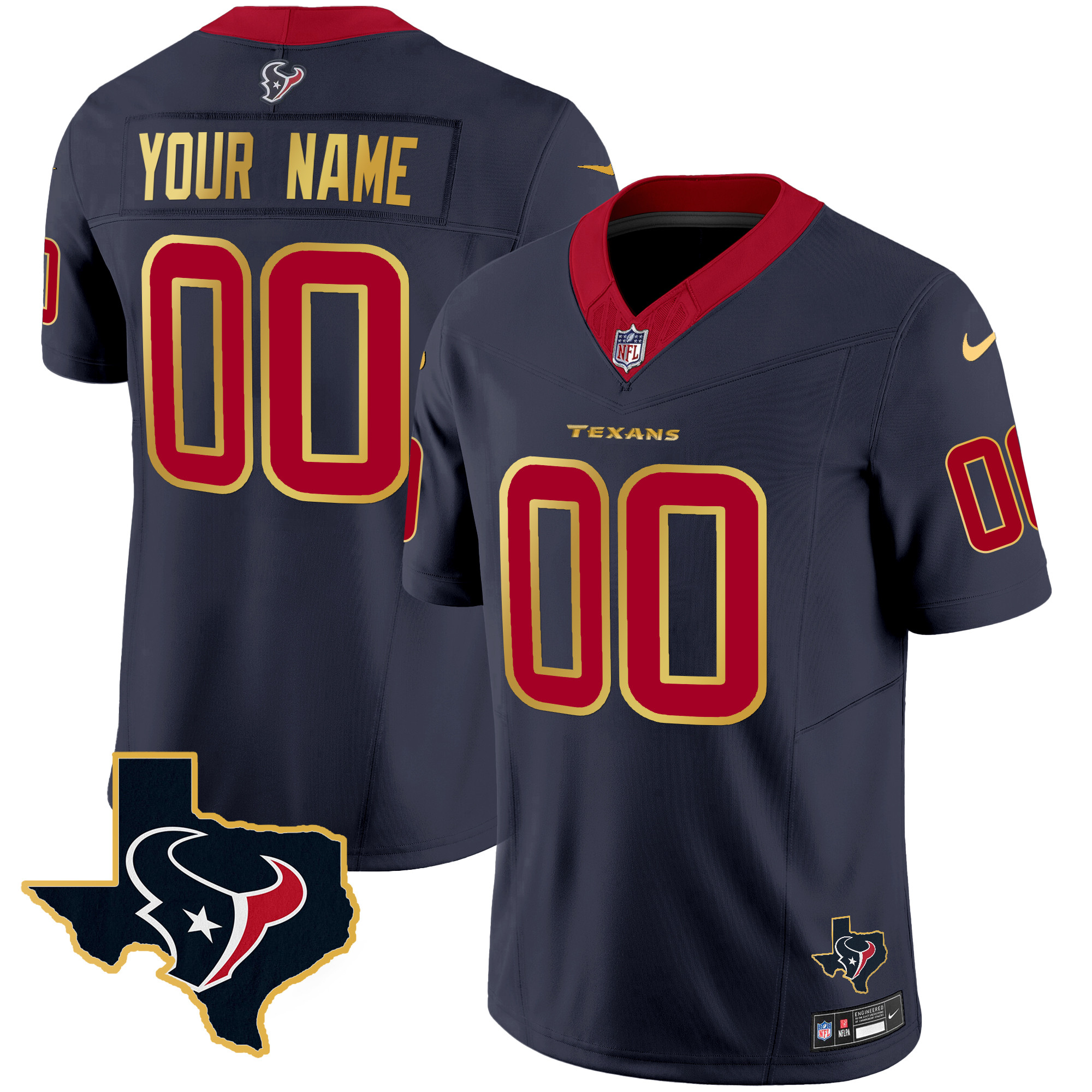 Men's Houston Texans Gold Trim Vapor Custom Navy Jersey - All Stitched