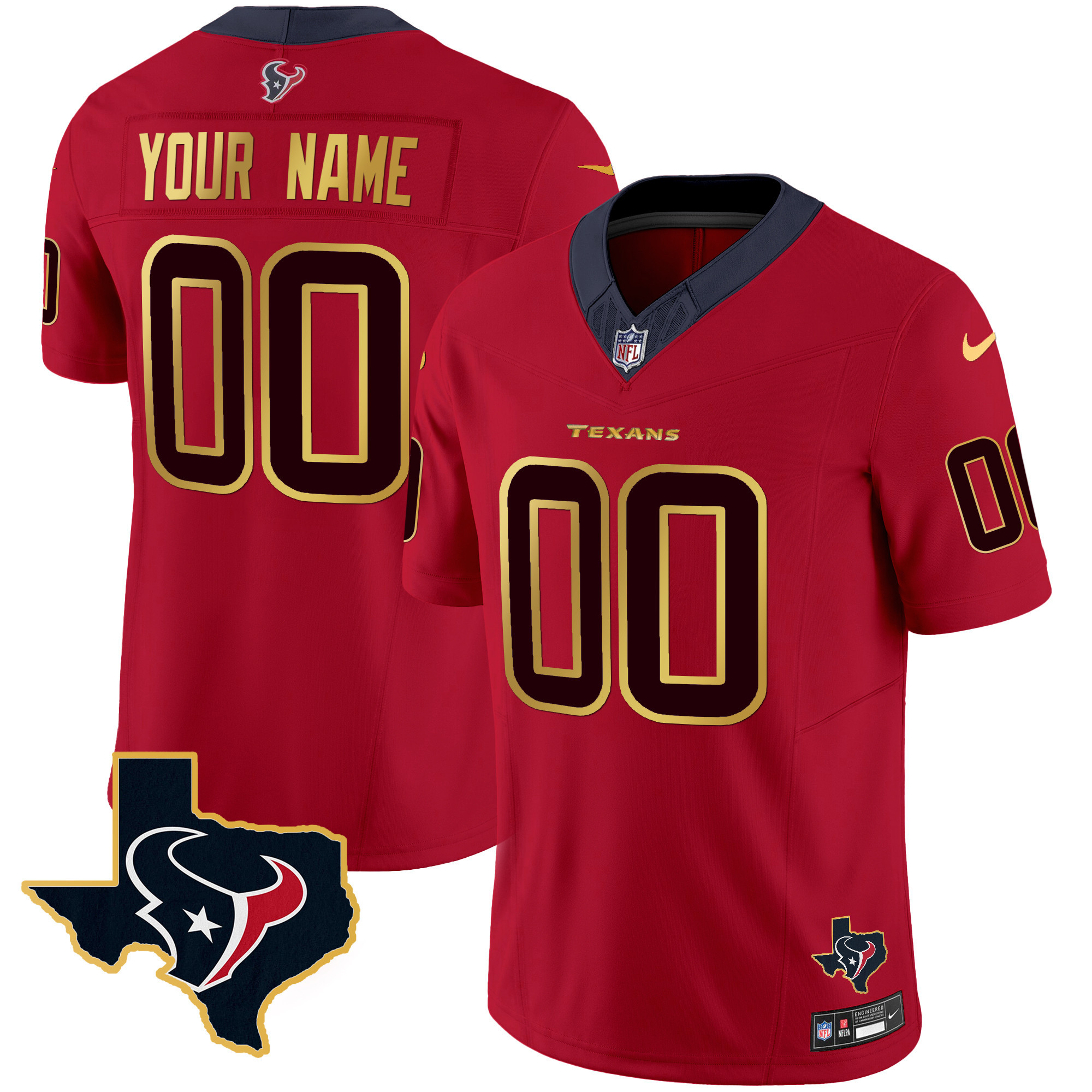 Men's Houston Texans Gold Trim Vapor Custom Red Jersey - All Stitched