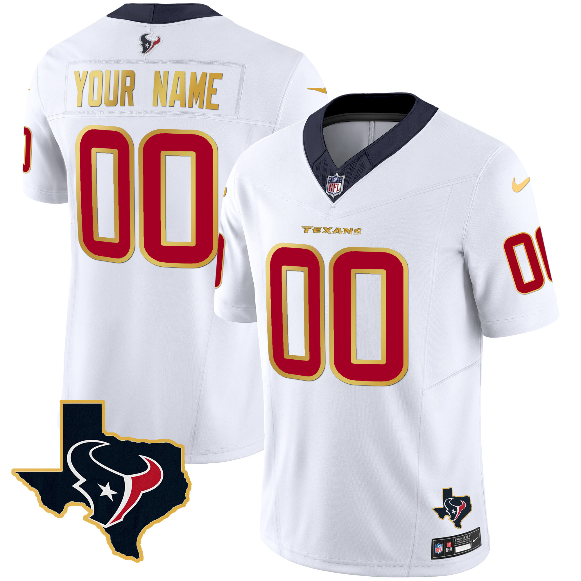 Men's Houston Texans Gold Trim Vapor Custom White Jersey - All Stitched