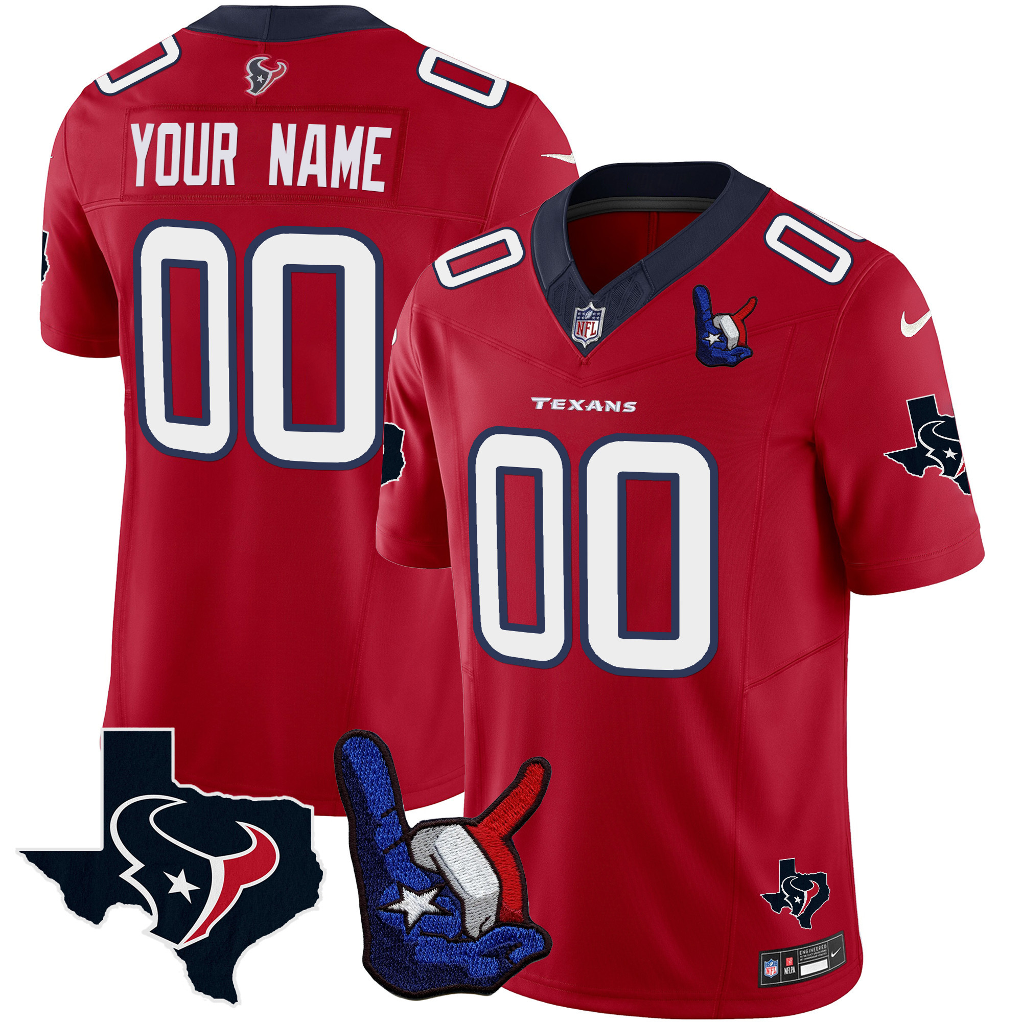 Men's Houston Texans Hand Sign Throwing Up The H Vapor Custom Red Jersey - All Stitched