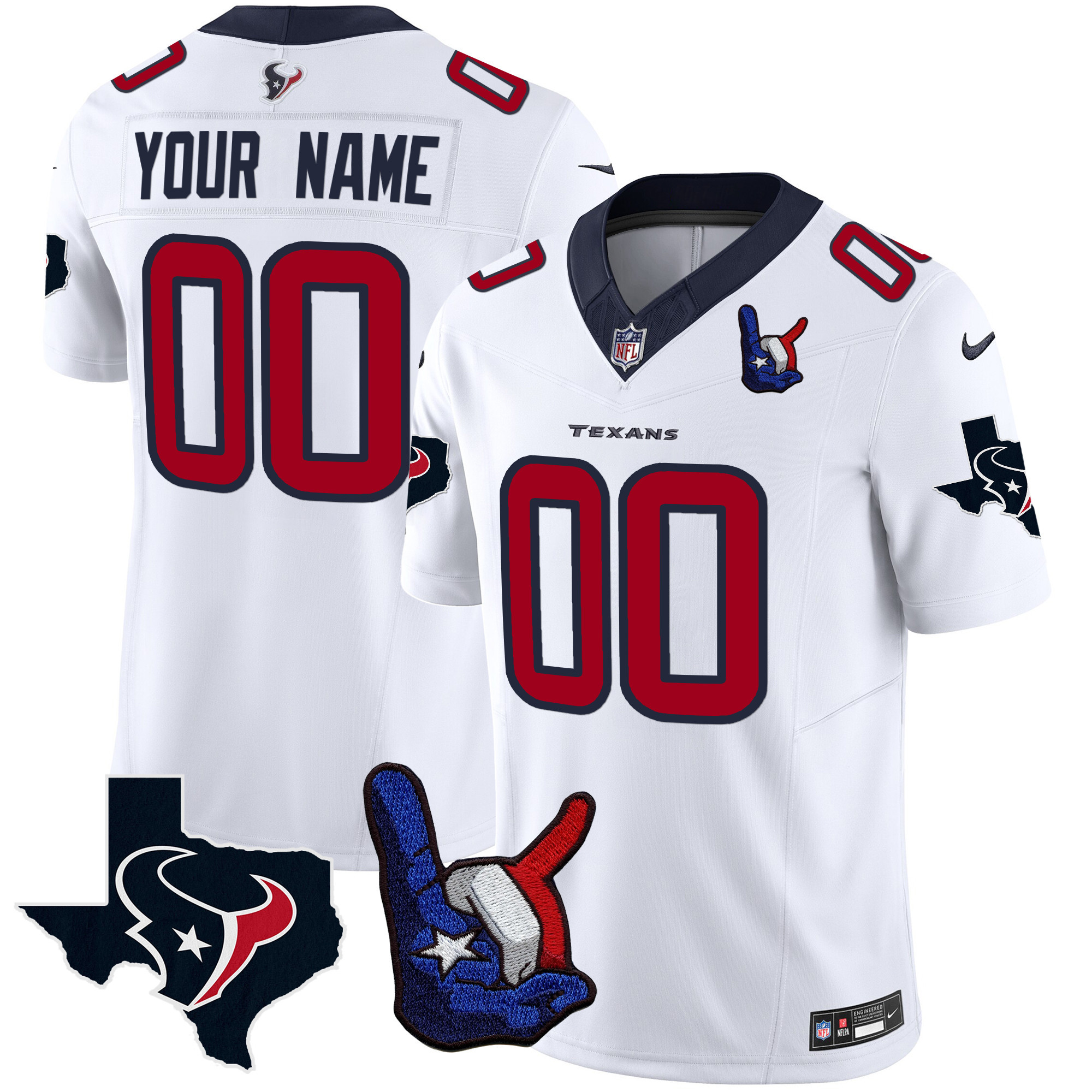 Men's Houston Texans Hand Sign Throwing Up The H Vapor Custom White Jersey - All Stitched
