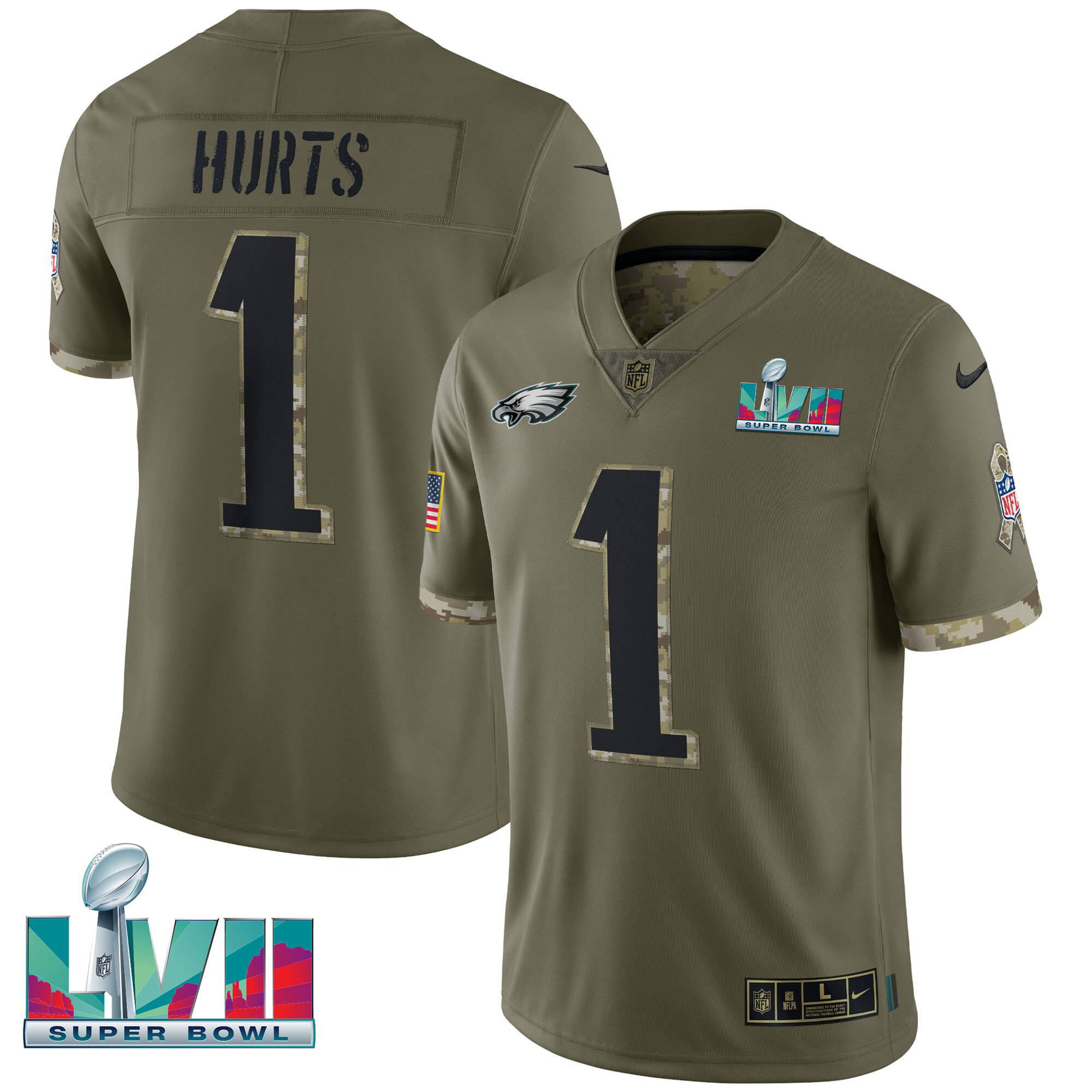 Men's Jalen Hurts Philadelphia Eagles Super Bowl Salute To Service Patch Salute To Service Jersey - All Stitched