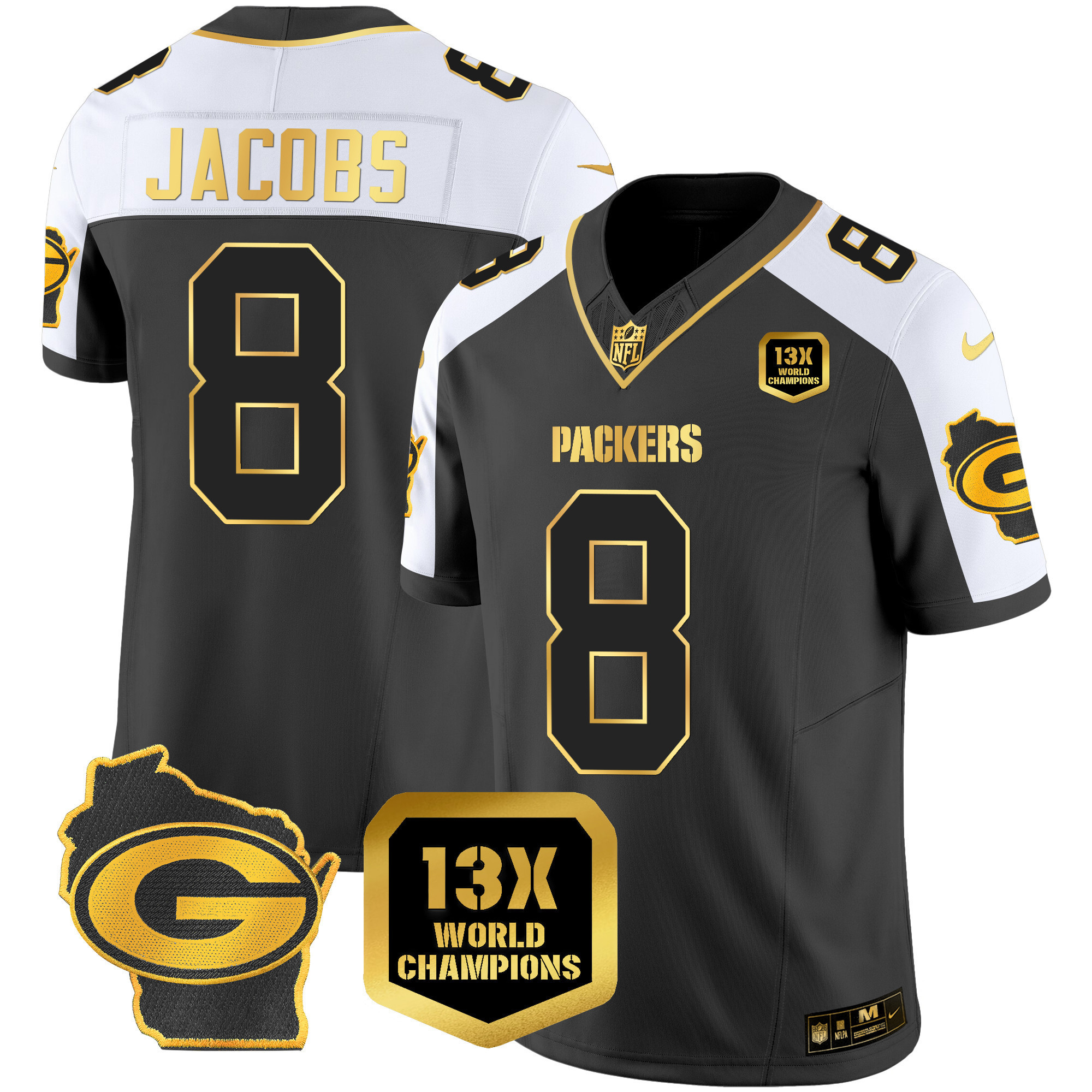 Men's Josh Jacobs Green Bay Packers 13 Time World Champions & Home Patch Gold Vapor Alternate Jersey - All Stitched