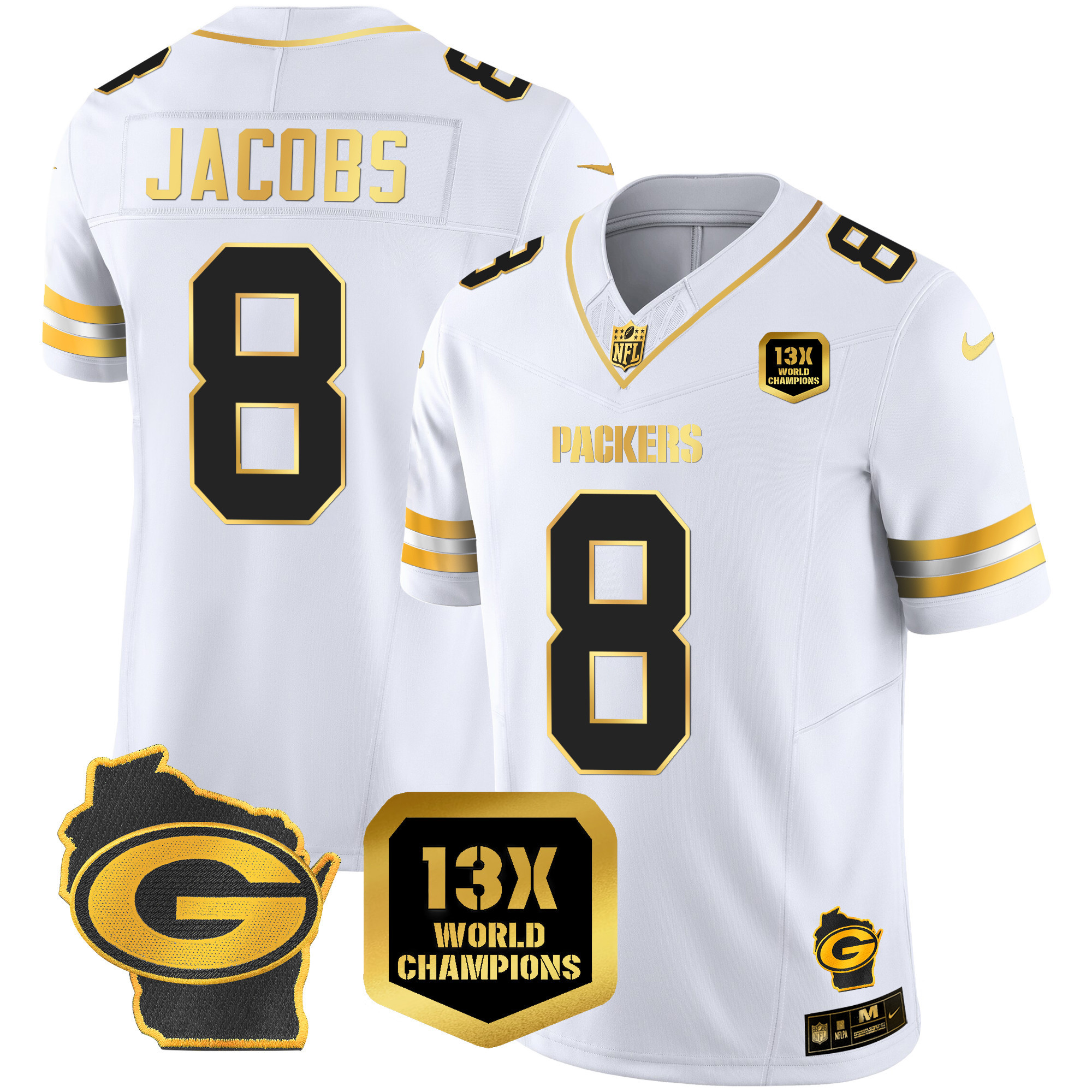 Men's Josh Jacobs Green Bay Packers 13 Time World Champions & Home Patch Gold Vapor White Gold Jersey - All Stitched