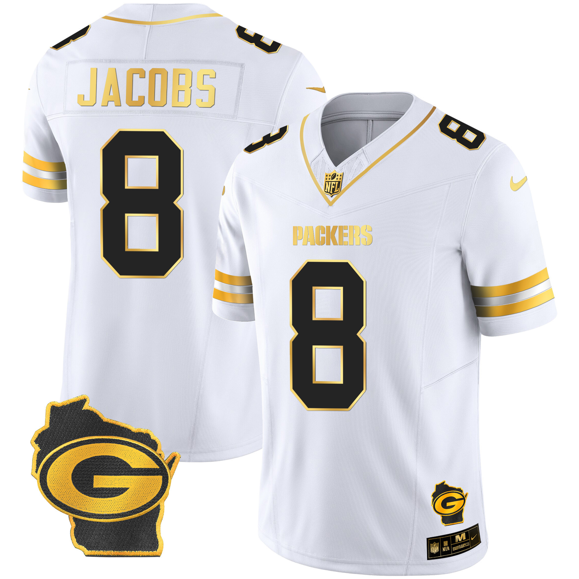 Men's Josh Jacobs Green Bay Packers Home Patch Gold Vapor White Gold Jersey - All Stitched