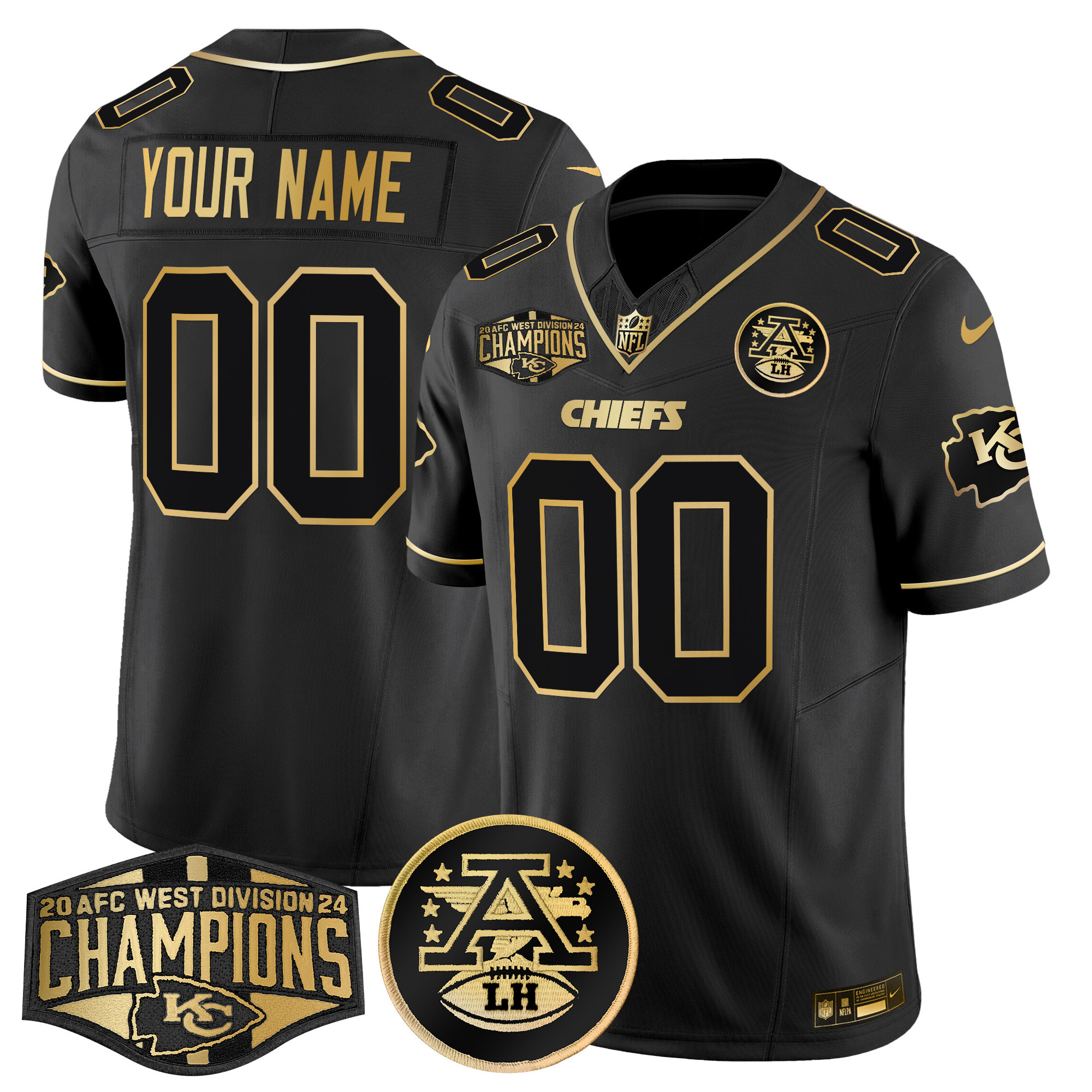 Men's Kansas City Chiefs 2024 AFC West Division Champions Patch Gold Vapor Limited Custom Black Gold Jersey - All Stitched