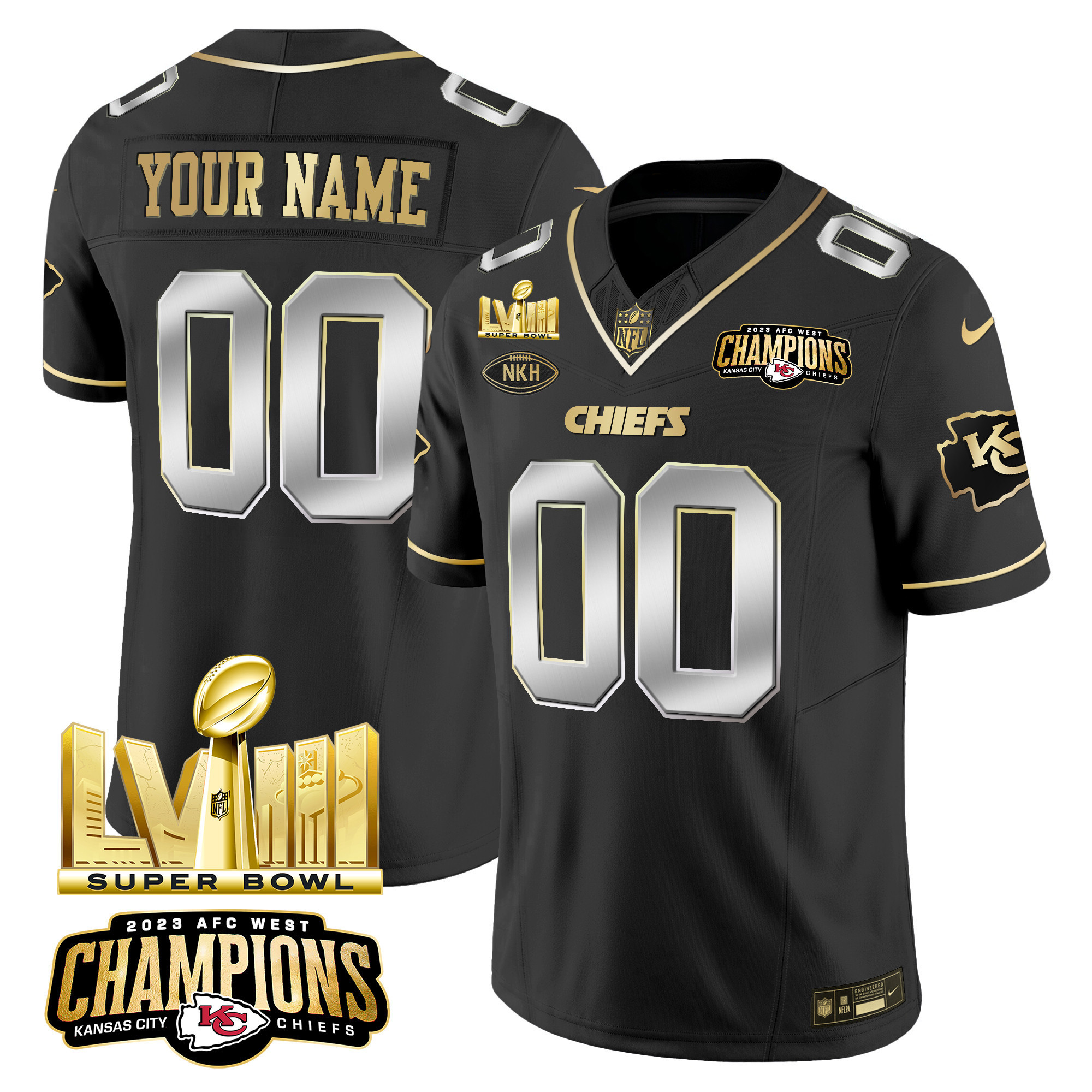 Men's Kansas City Chiefs AFC West Champions & Super Bowl LVIII Gold Patch Vapor Custom Black Limited Jersey - All Stitched