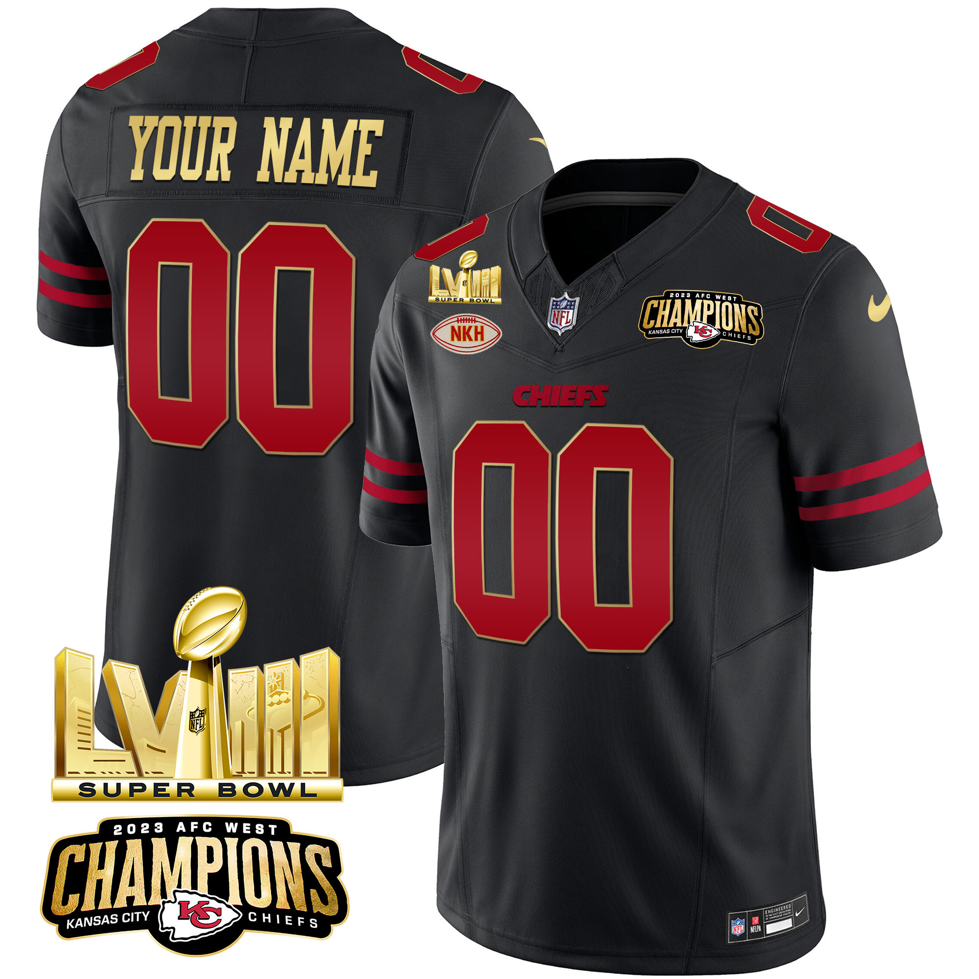 Men's Kansas City Chiefs AFC West Champions & Super Bowl LVIII Gold Patch Vapor Custom Gold Trim Jersey - All Stitched