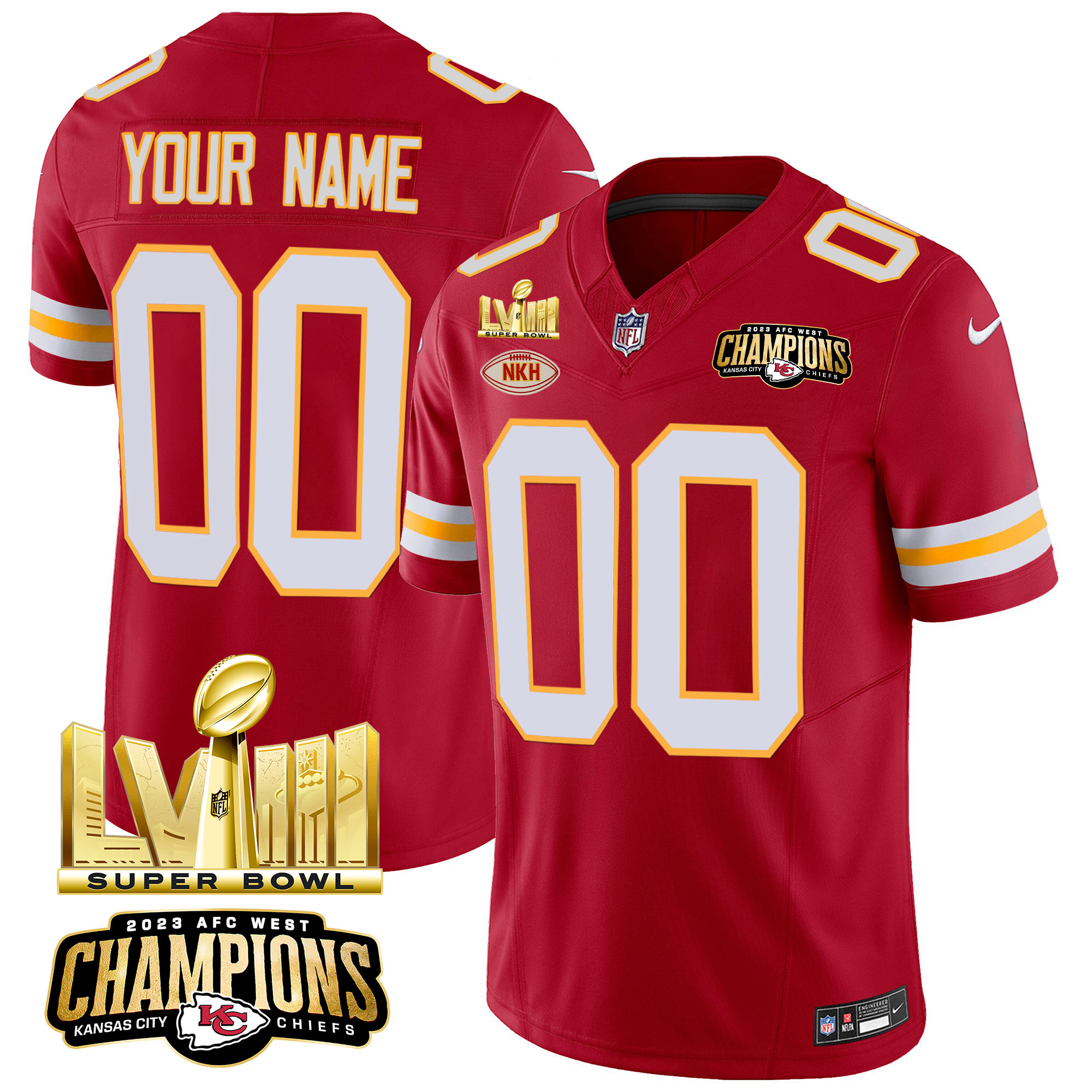 Men's Kansas City Chiefs AFC West Champions & Super Bowl LVIII Gold Patch Vapor Custom Red Jersey - All Stitched