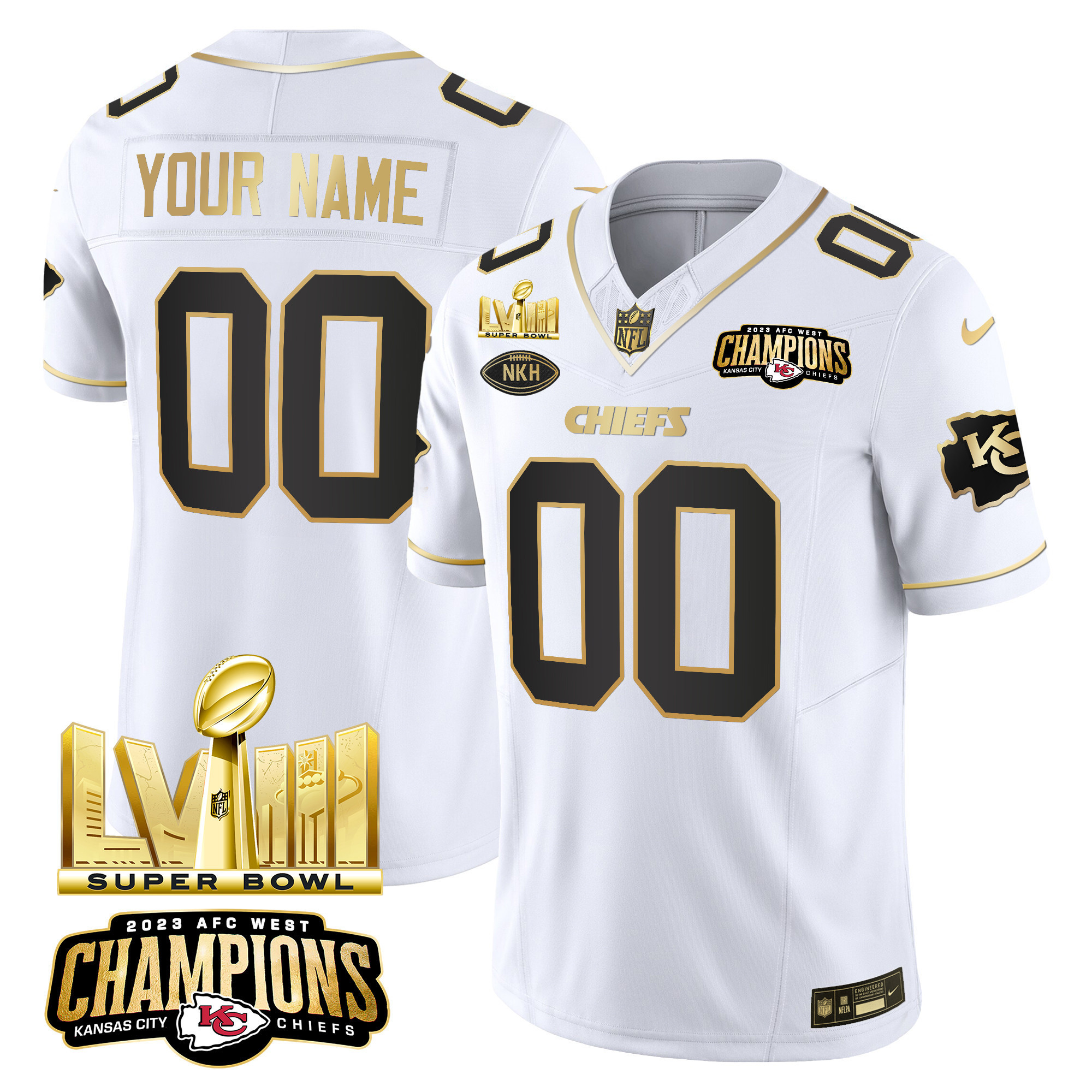 Men's Kansas City Chiefs AFC West Champions & Super Bowl LVIII Gold Patch Vapor Custom White Gold Jersey - All Stitched