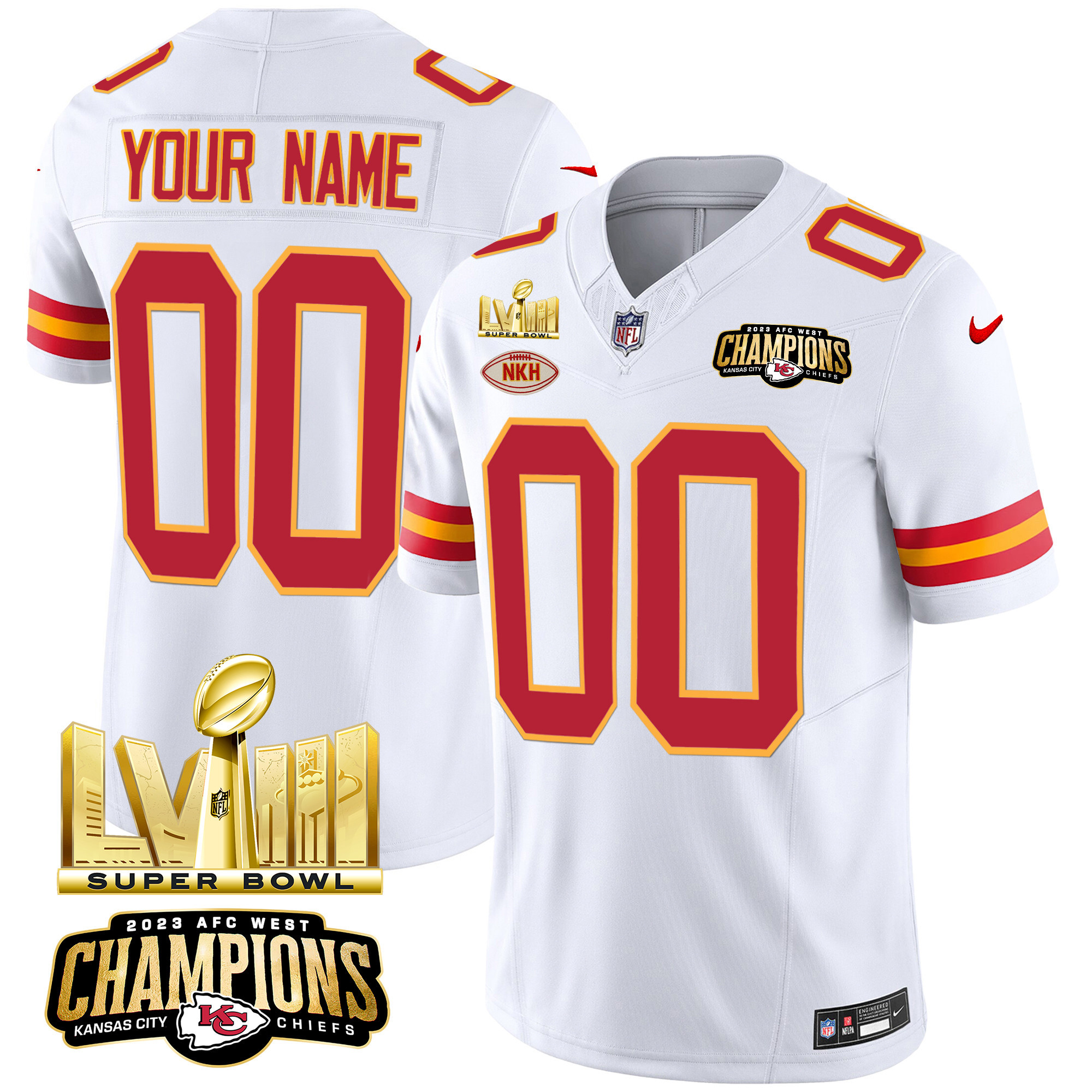 Men's Kansas City Chiefs AFC West Champions & Super Bowl LVIII Gold Patch Vapor Custom White Jersey - All Stitched