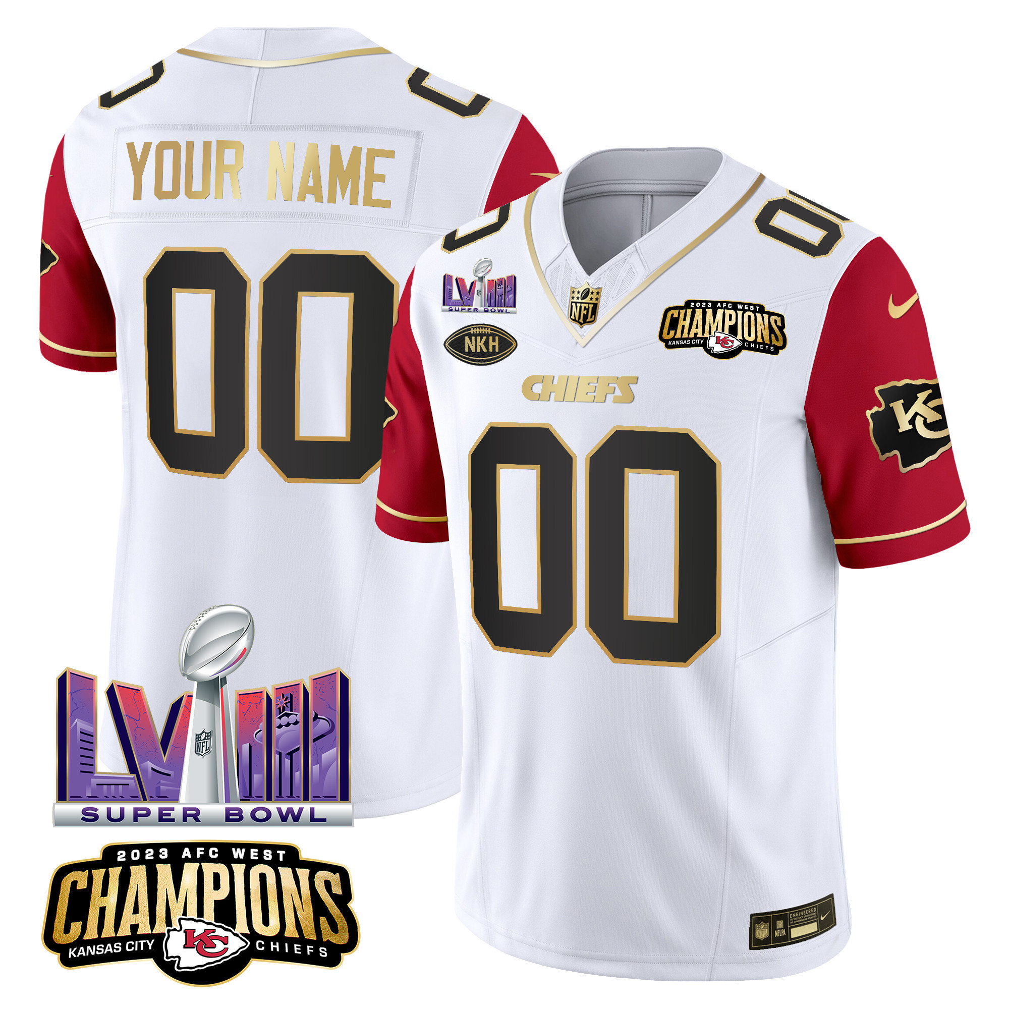 Men's Kansas City Chiefs AFC West Champions & Super Bowl LVIII Patch Vapor Custom Color Sleeves Jersey - All Stitched