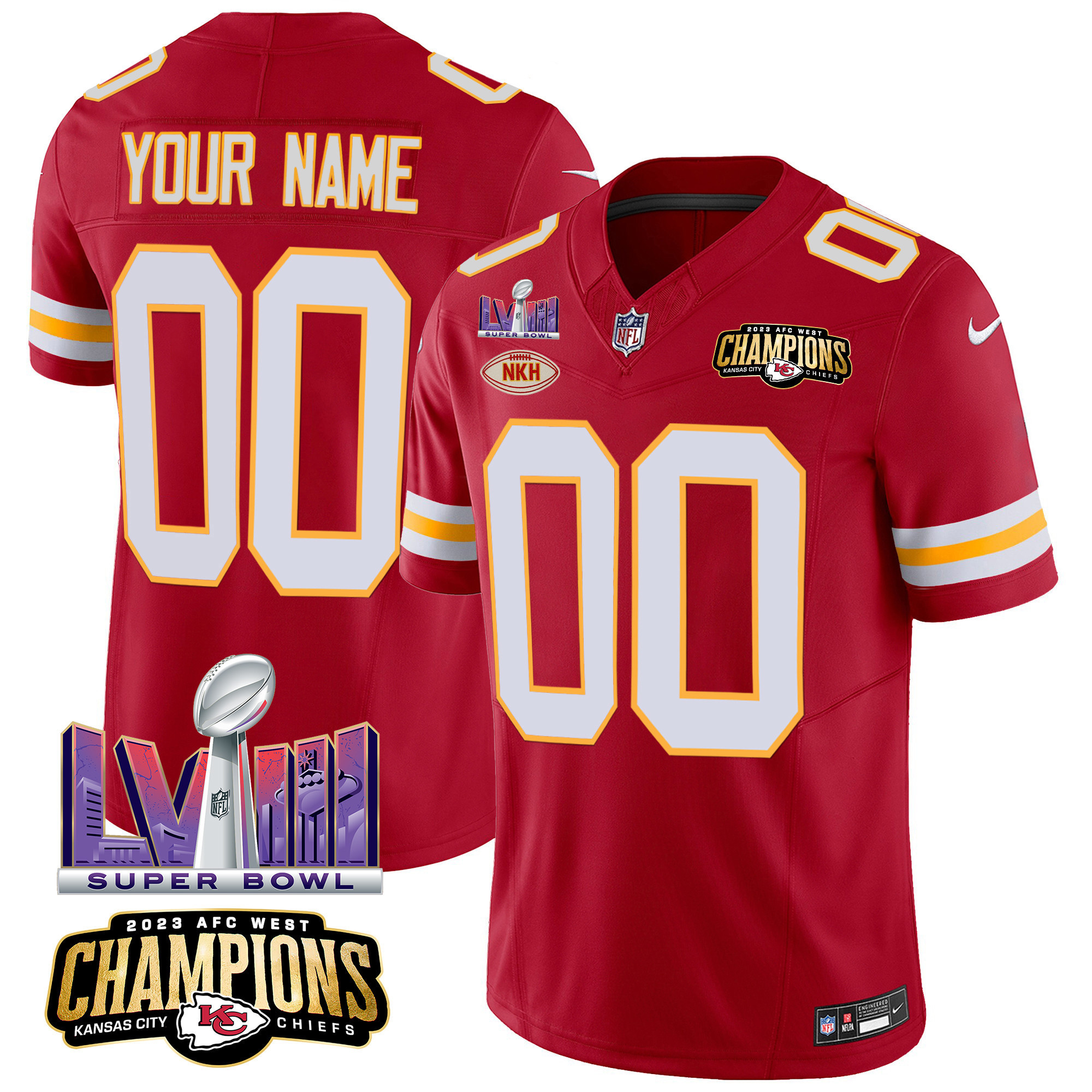 Men's Kansas City Chiefs AFC West Champions & Super Bowl LVIII Patch Vapor Custom Red Jersey - All Stitched