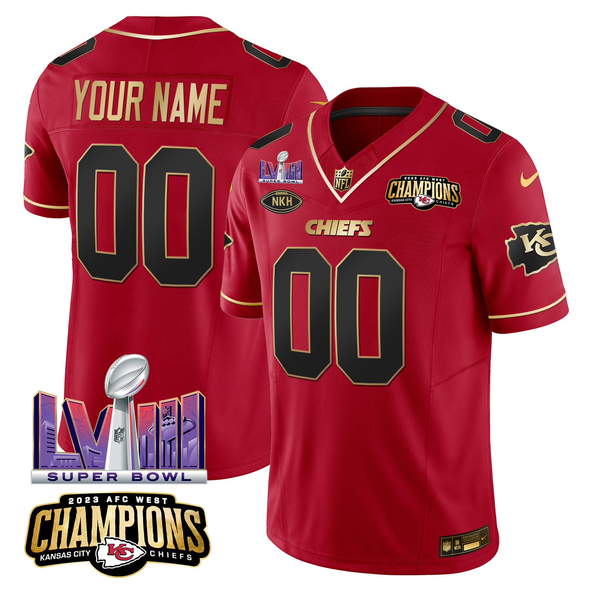 Men's Kansas City Chiefs AFC West Champions & Super Bowl LVIII Patch Vapor Custom Red Special Jersey - All Stitched